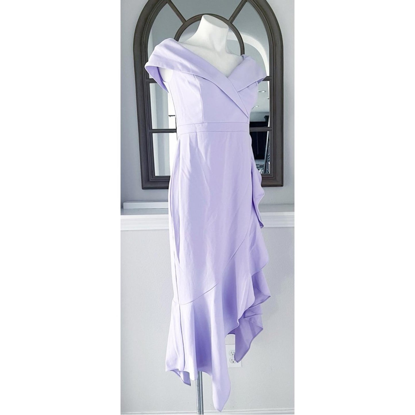 XSCAPE Lilac Ruffled Off-the-Shoulder Dress, Petite Size 10 New w/Tag $259