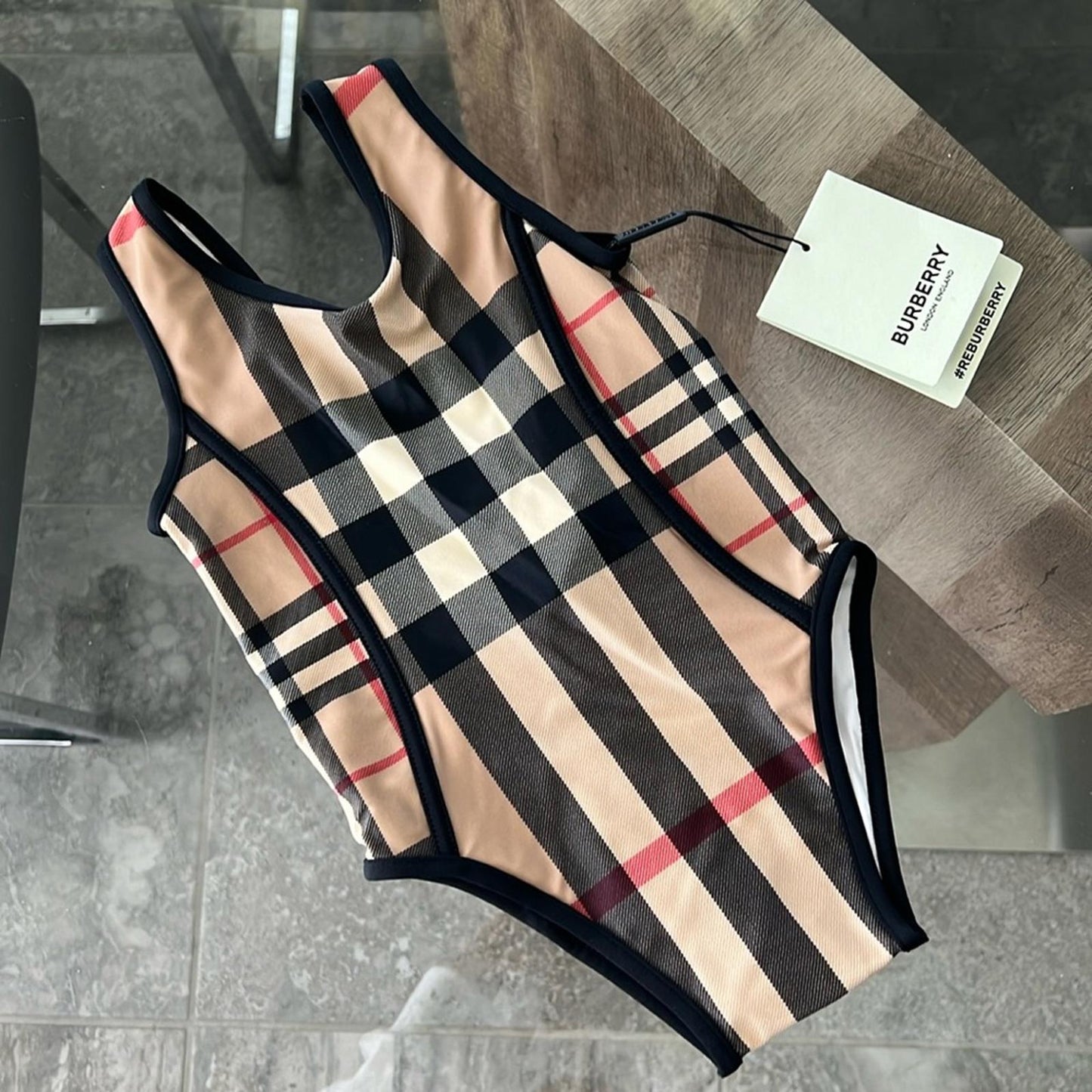 BURBERRY Kids Mini Nigella One Piece Swimsuit, Archive Beige Check Size 12M NWT