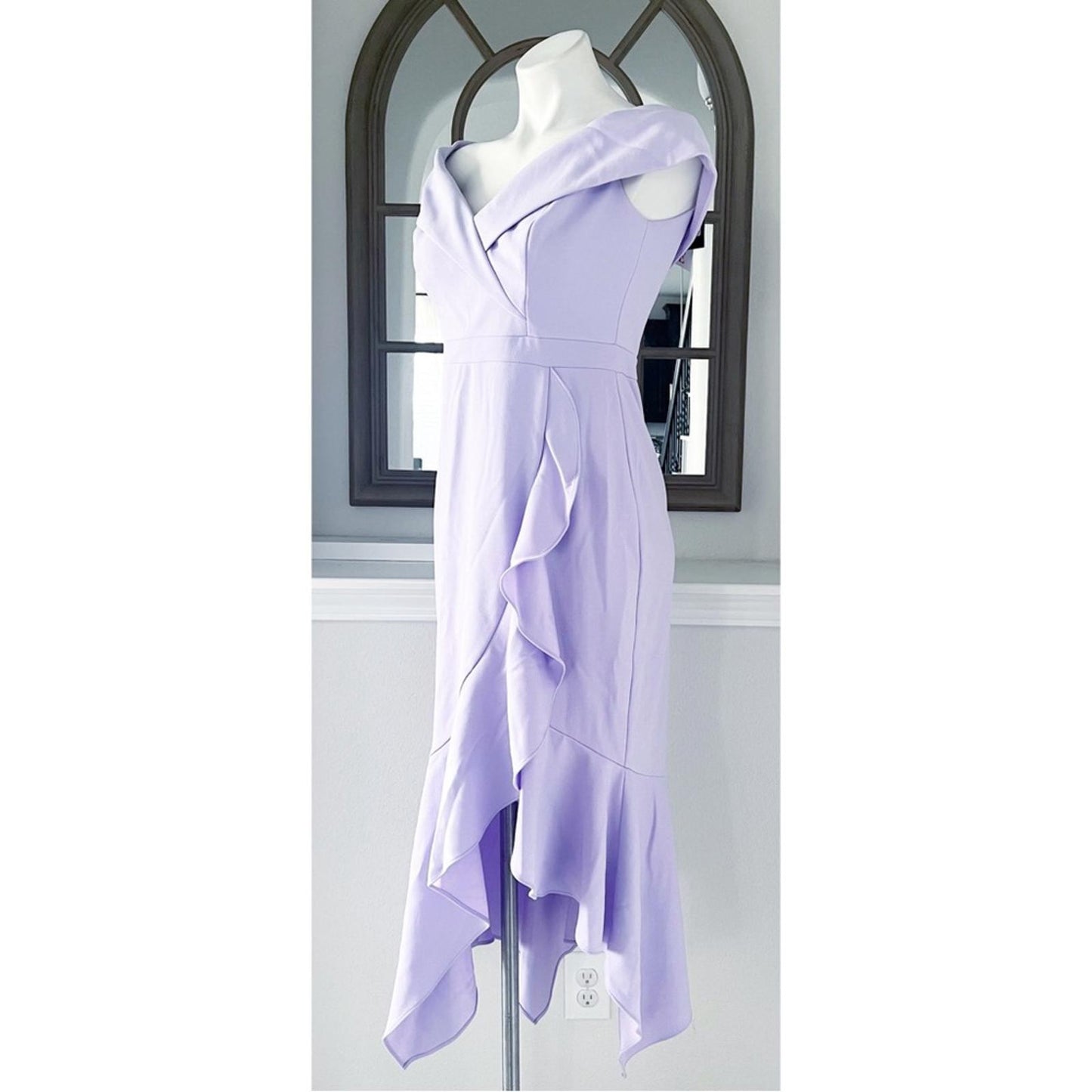 XSCAPE Lilac Ruffled Off-the-Shoulder Dress, Petite Size 10 New w/Tag $259