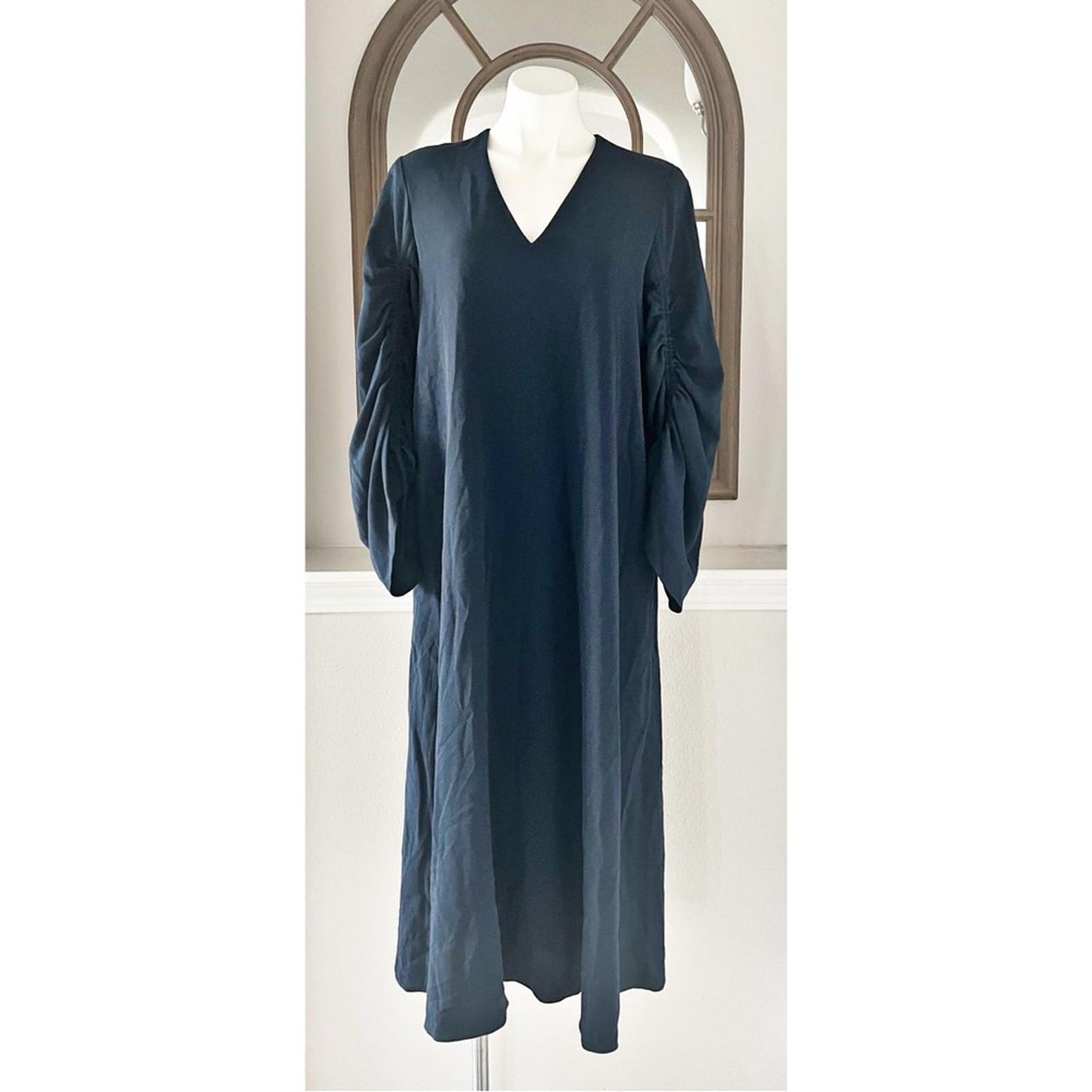 TIBI Ruched Convertible Bell Sleeve Cinched Stretch Crepe Dress Size 10 NWT $595