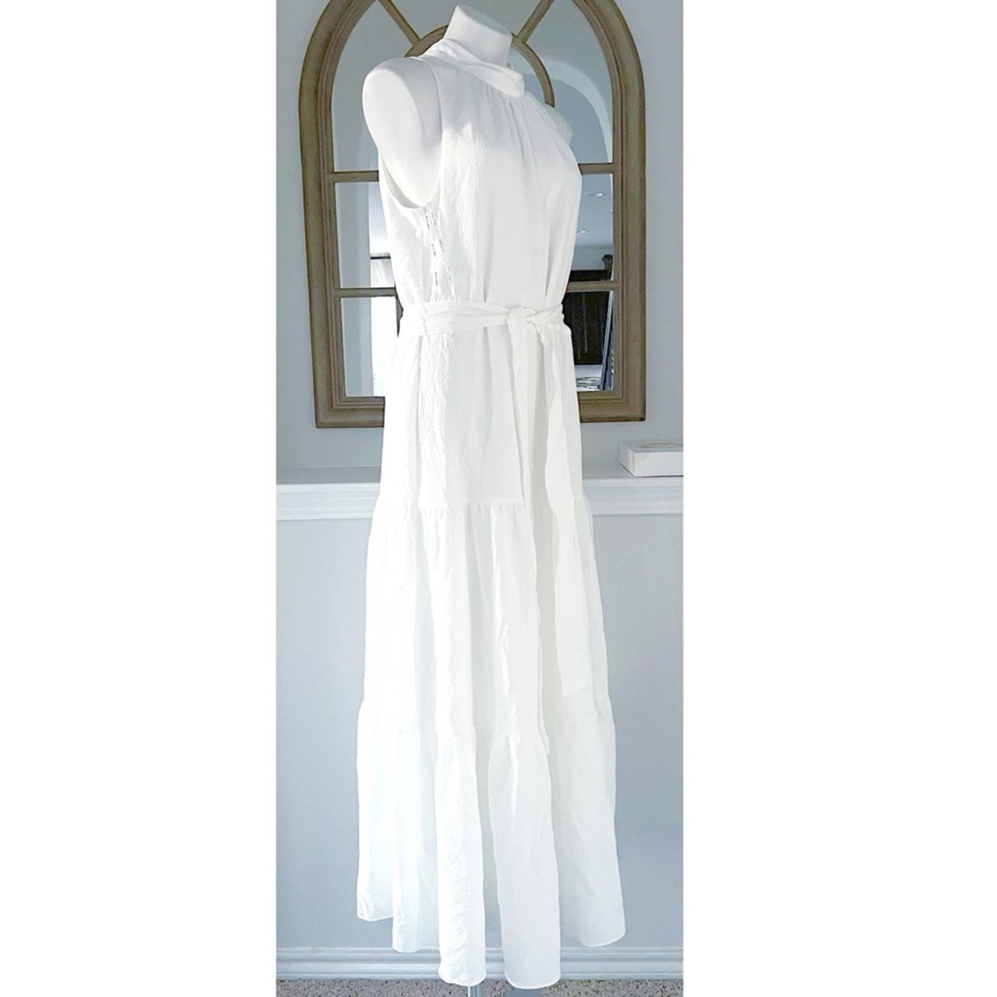 Anne Klein Tie-Neck Tiered Sleeveless Maxi Dress, Size 12 Bright White New w/Tag