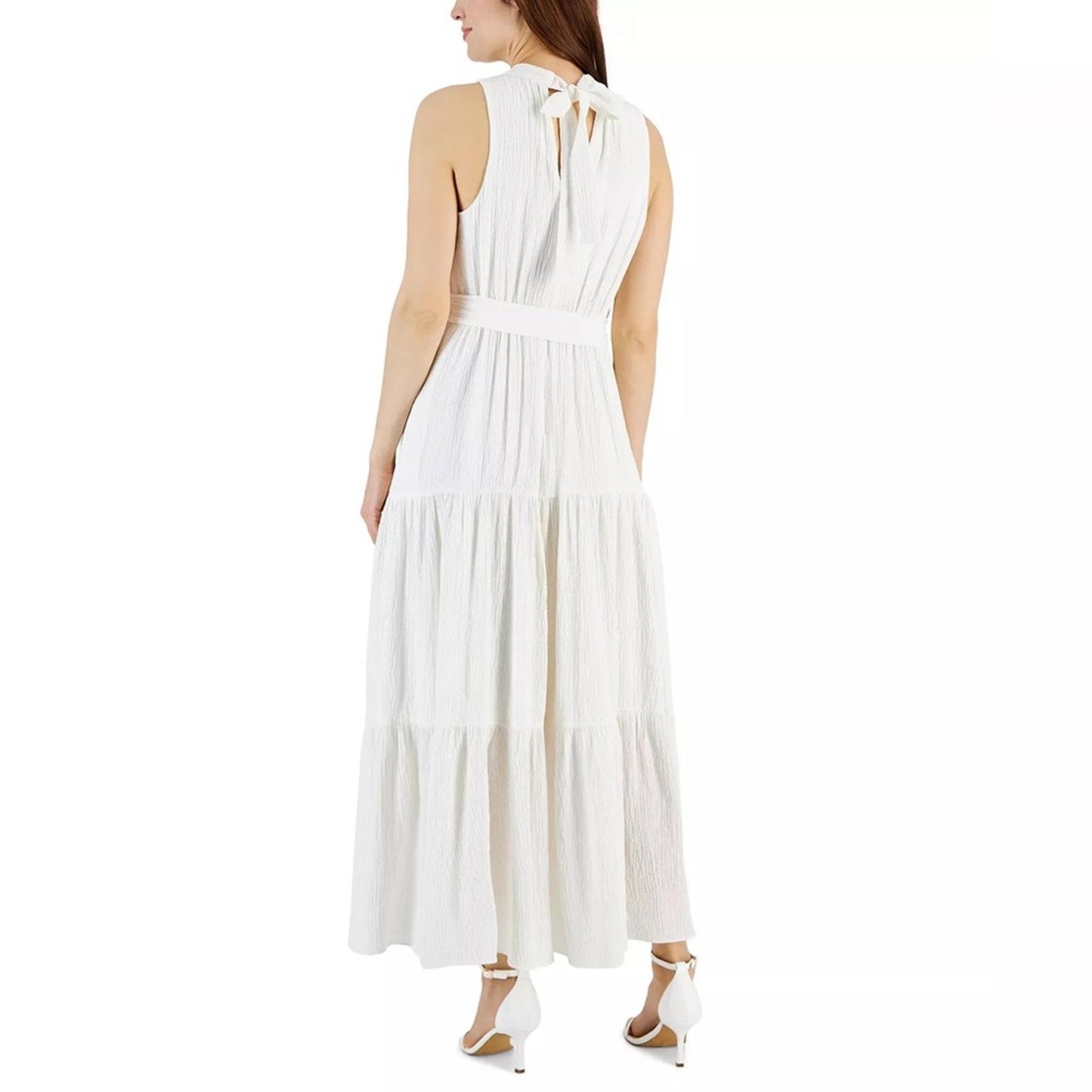 Anne Klein Tie-Neck Tiered Sleeveless Maxi Dress, Size 12 Bright White New w/Tag