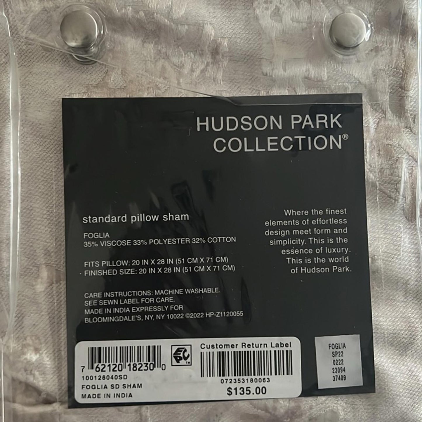 X2 Hudson Park Foglia Standard Sham, Queen New w/Tag Retail $270 for 2