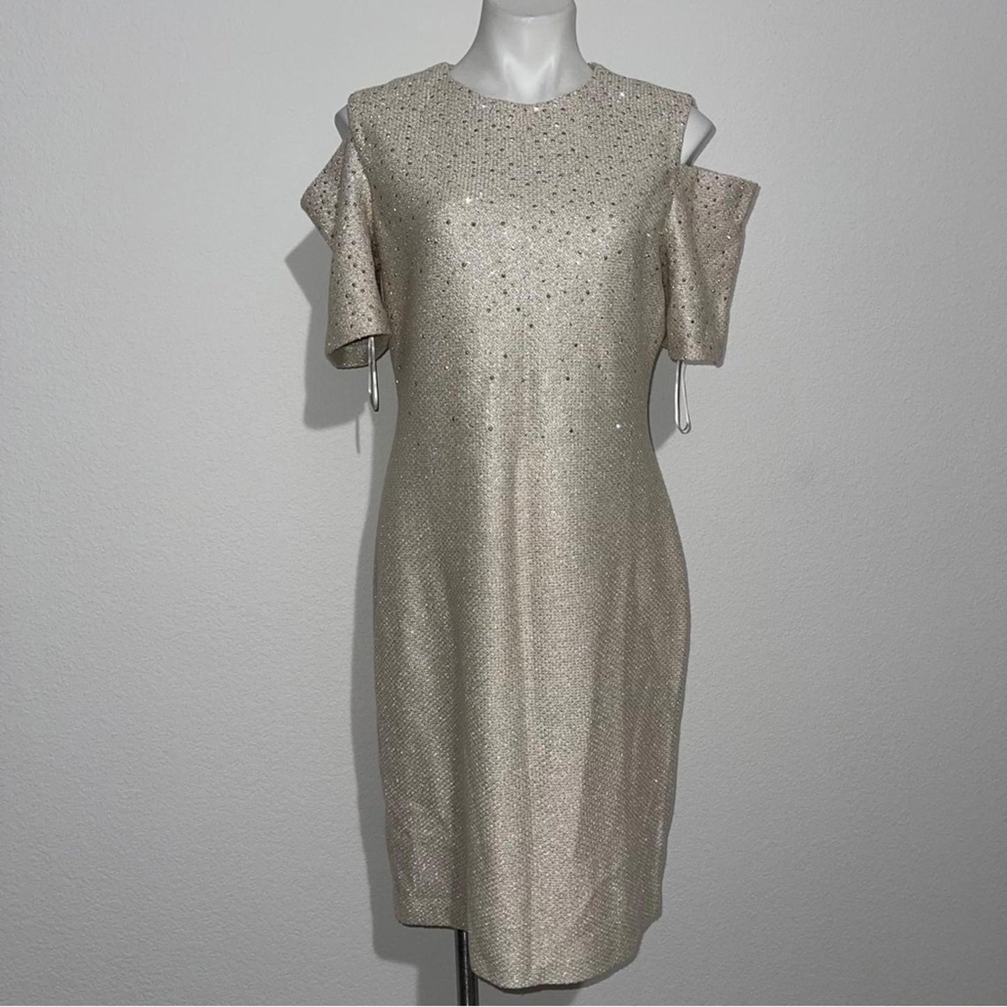 St.John Studded Cold-Shoulder Tweed Sheath Dress in Gold Multi Size 12 NWT $1795