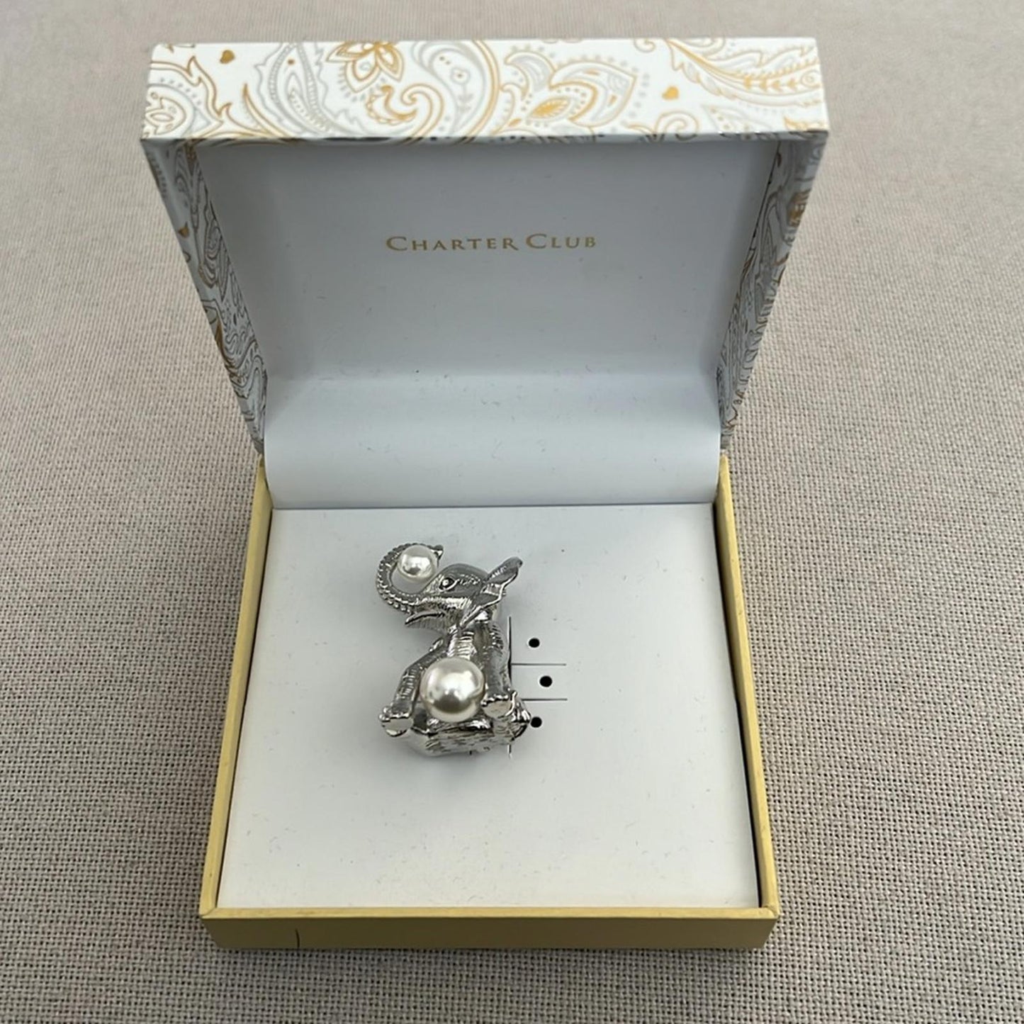 Charter Club Silver-Tone Pave & Faux Pearl Elephant Pin Brooch New in Box $29.5
