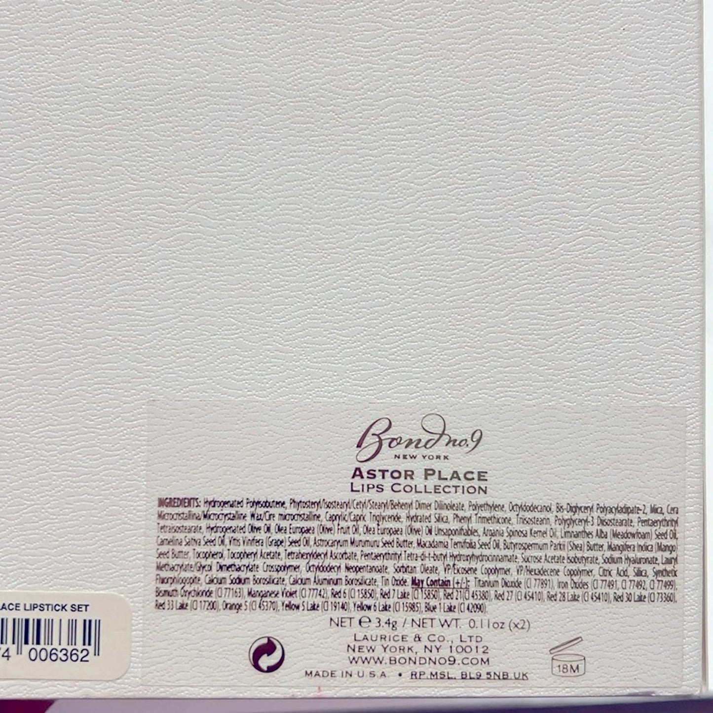Bond No.9 New York Refillable Lipstick 2-Piece Set, Astor Place - New in Box