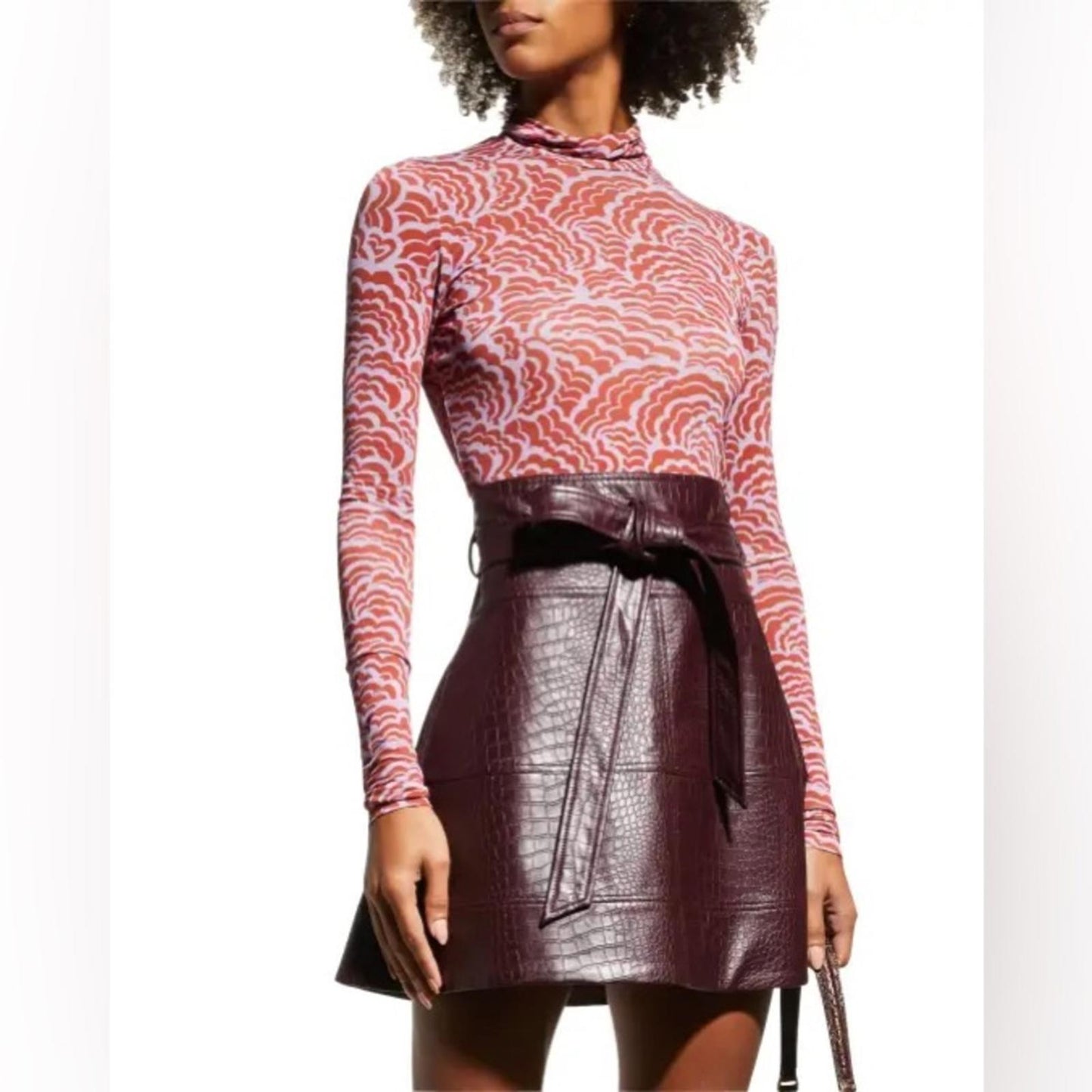 ALC James Printed Stretch-Mesh Turtleneck Top, Size L New w/Tag Retail $295
