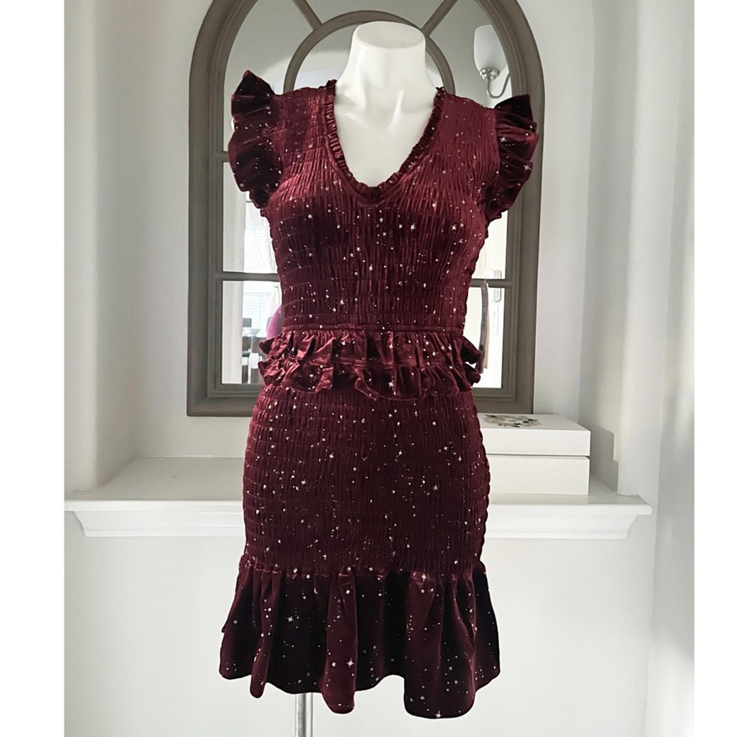 Aqua Velvet Smocked Mini Dress in Burgundy w/Star Print, Size S New w/Tag $88