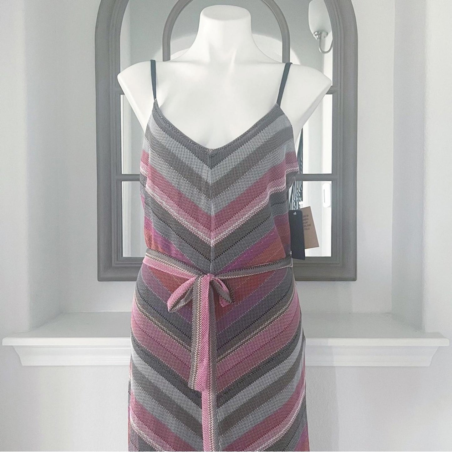 Rachel Roy Finn Metallic Striped Maxi Dress in Pink Grey, Size L New w/Tag