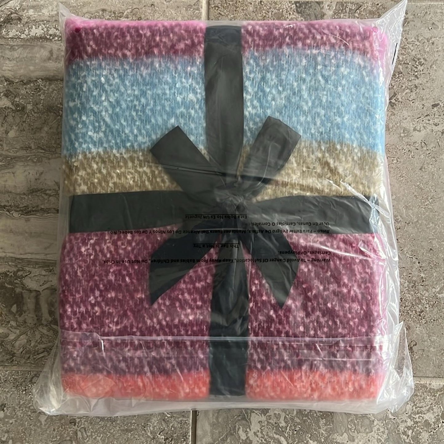 AQUA Bedding Faux Mohair Plaid Throw, 50” x 60” Multi Stripe New w/Tag