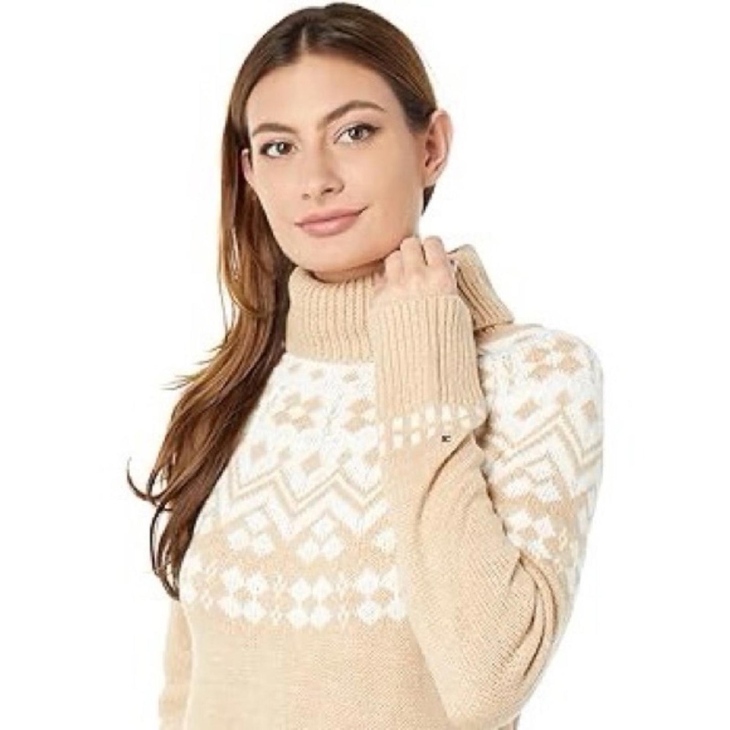 NEW Tommy Hilfiger Frosted Yoke Turtleneck Sweater Light Heather Fawn/Ivory Sz L