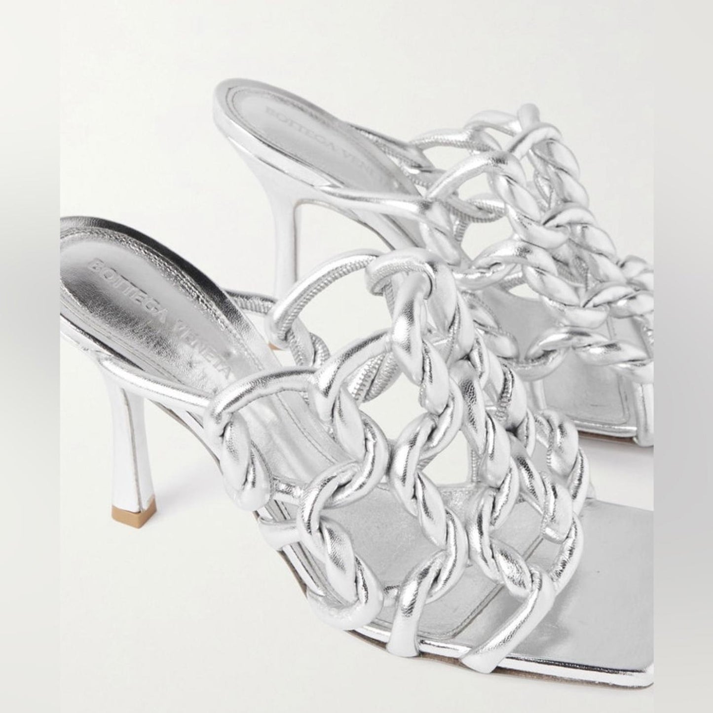 Bottega Veneta Stretch High Heel Slide Sandals in Silver Size 37.5 NEW+2DustBags
