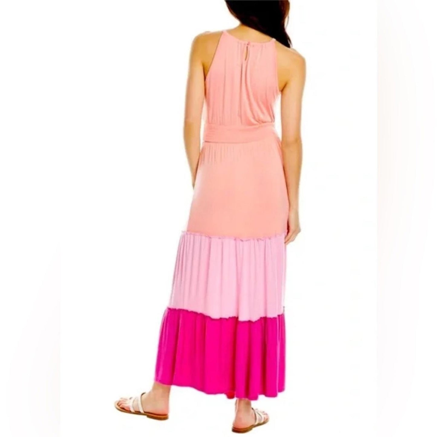 Adyson Parker Color Block Sleeveless Tiered Maxi Dress, Neon Peach Combo NWT