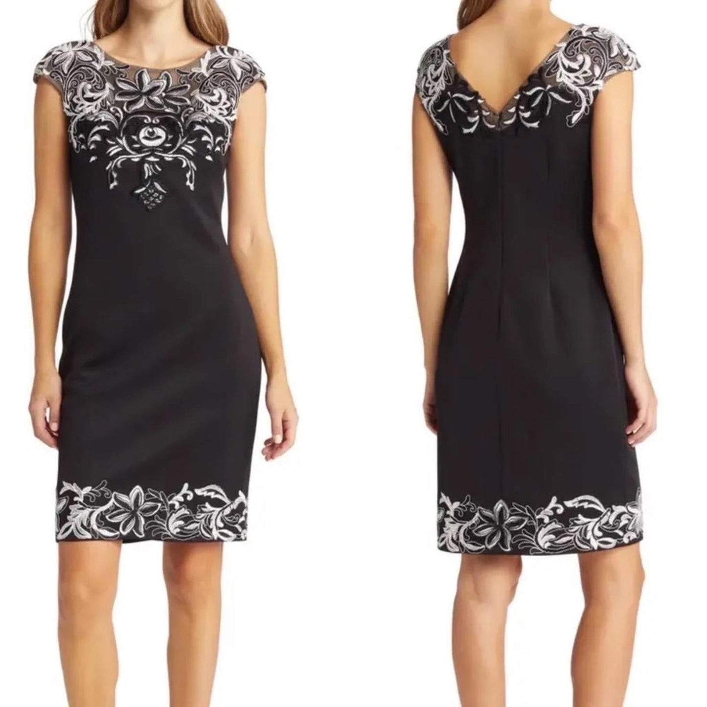 Xscape Embroidered Appliqué Scuba Crepe Cocktail Dress in Black/White Size 6 NWT