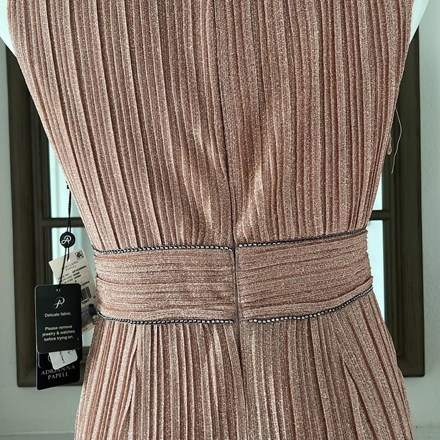 Adrianna Papell Metallic Pleated Long Gown in Rose, Size 8 NEW w/Tag $229