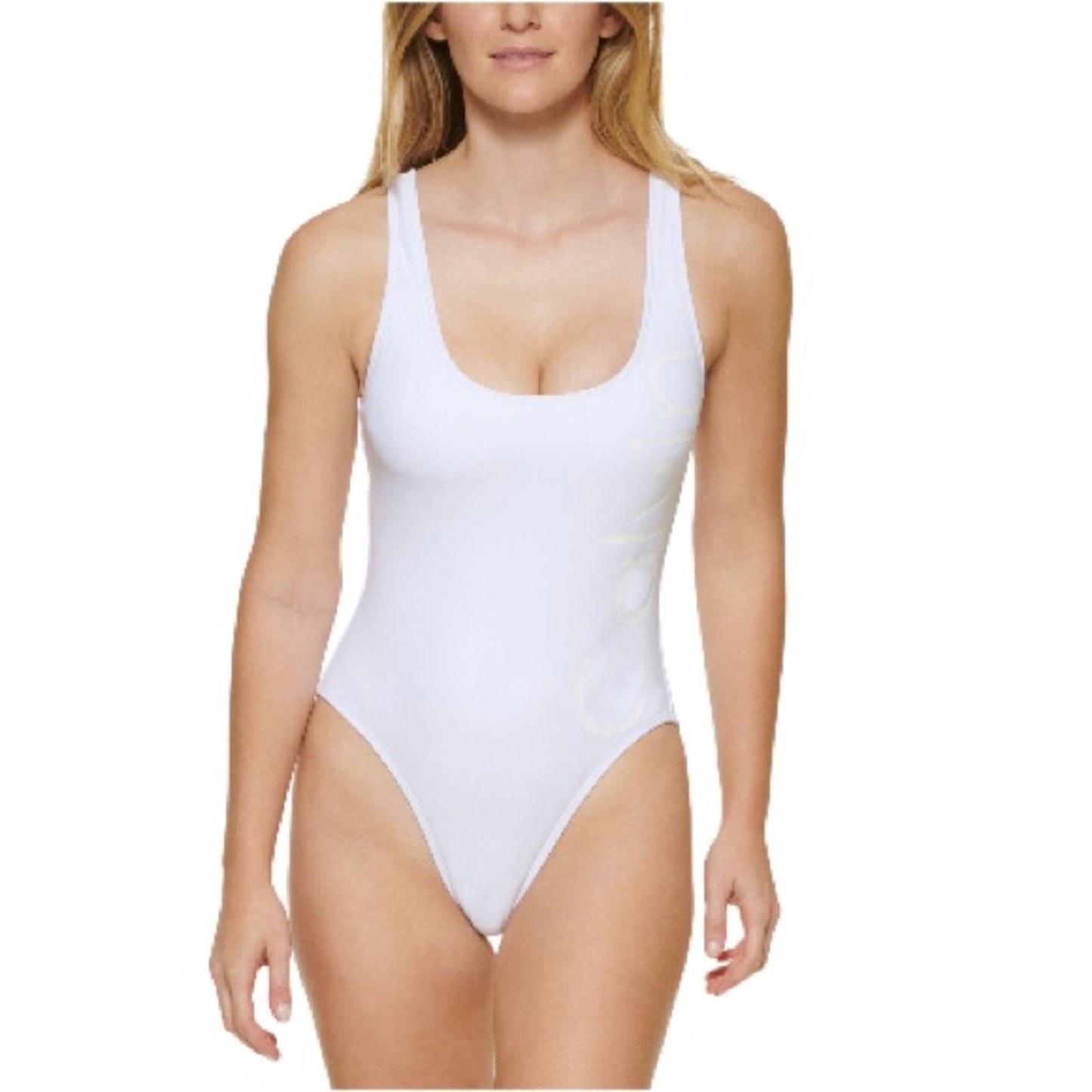 Calvin Klein Deep U-Back Logo One-Piece Swimsuit in White, Size XS NEW w/Tag