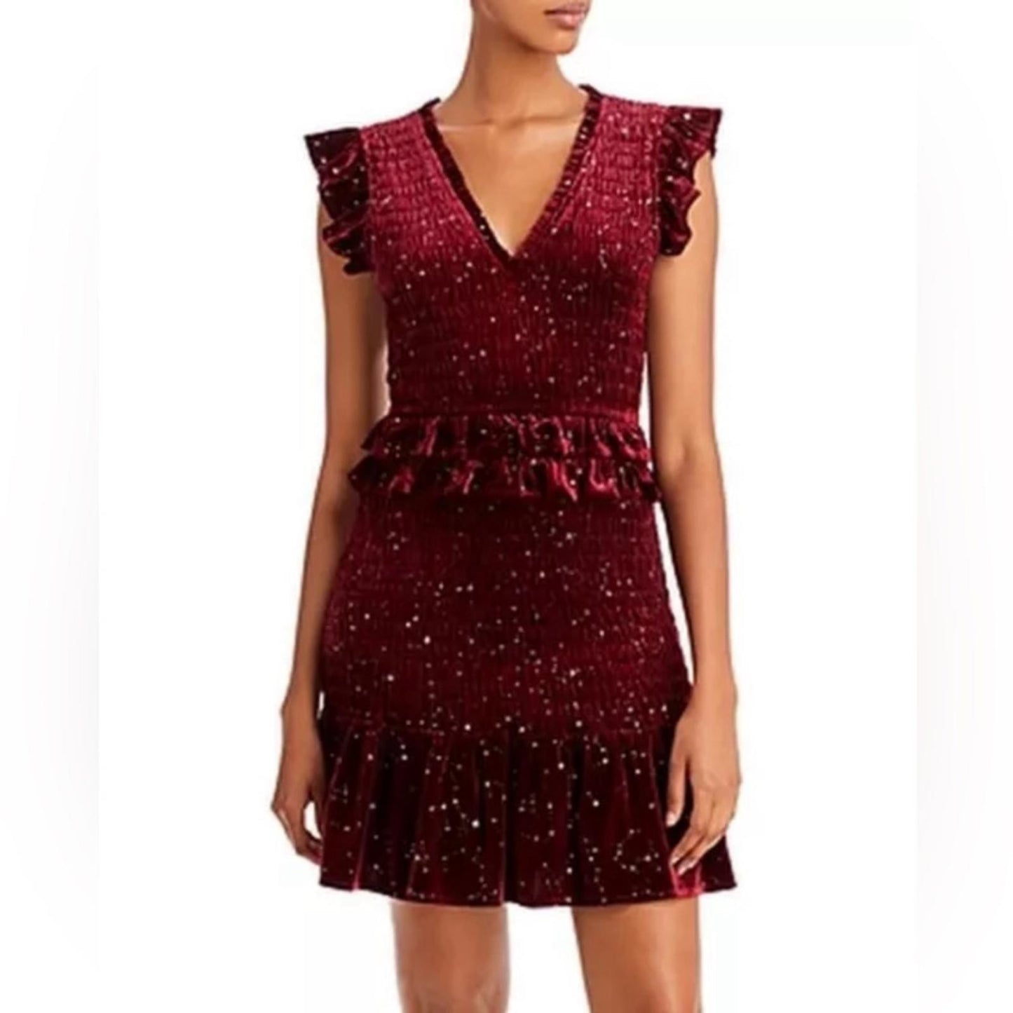 Aqua Velvet Smocked Mini Dress in Burgundy w/Star Print, Size S New w/Tag $88
