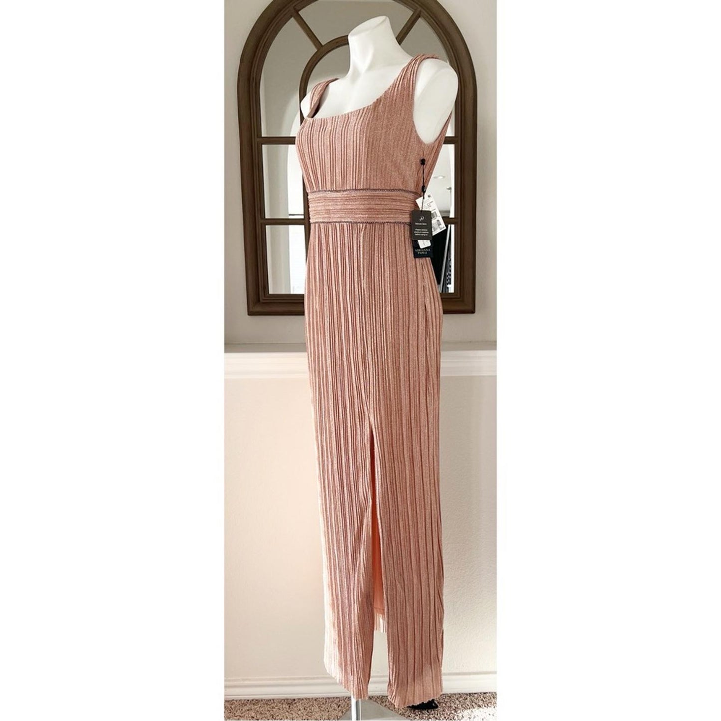 Adrianna Papell Metallic Pleated Long Gown in Rose, Size 8 NEW w/Tag $229