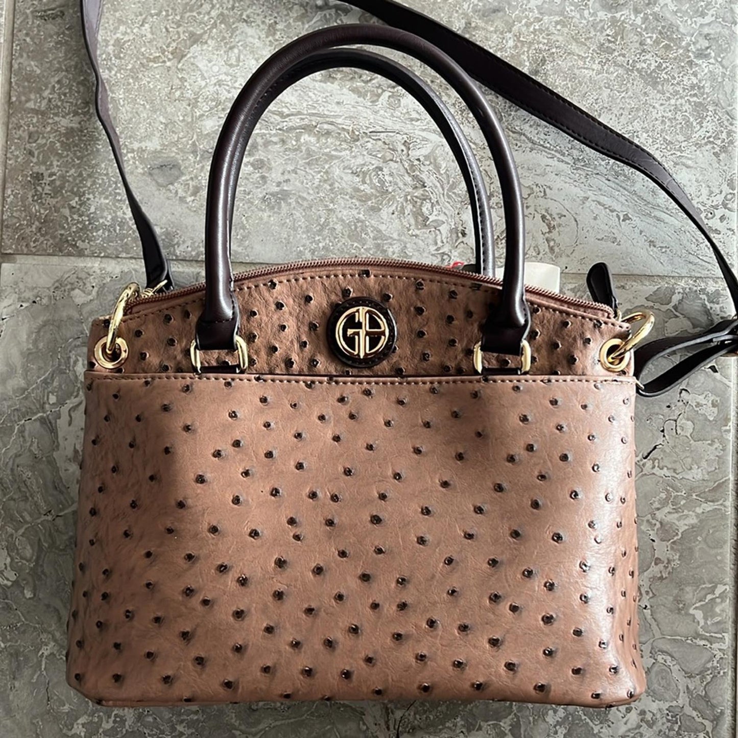 Giani Bernini Faux Ostrich Mini Satchel in Mocha Brown/Gold Tone, NEW w/o Tag