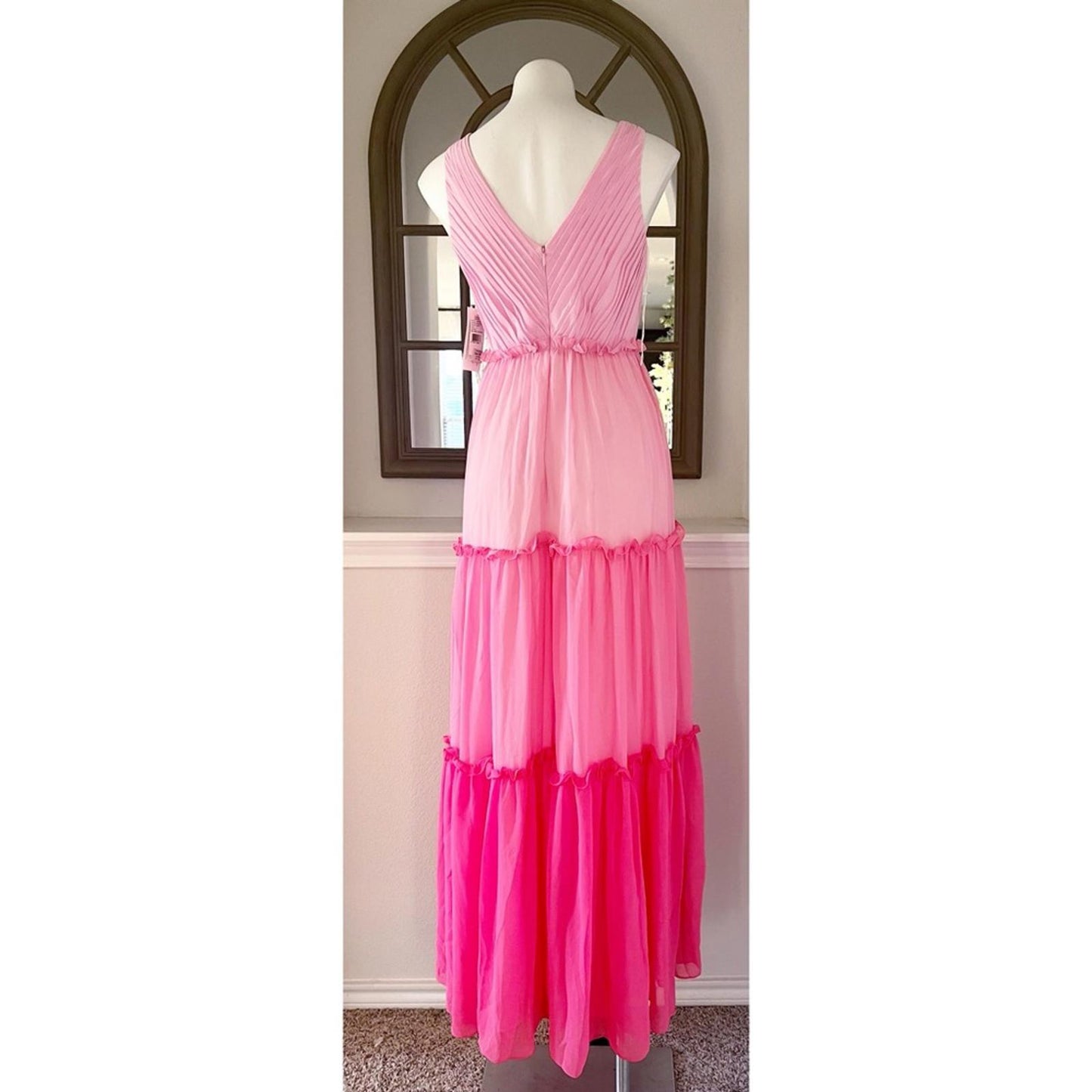 Aidan Mattox V-Neck Ciffon Color-Block Tiered Maxi Gown in Pink, Size 0 NWT $330