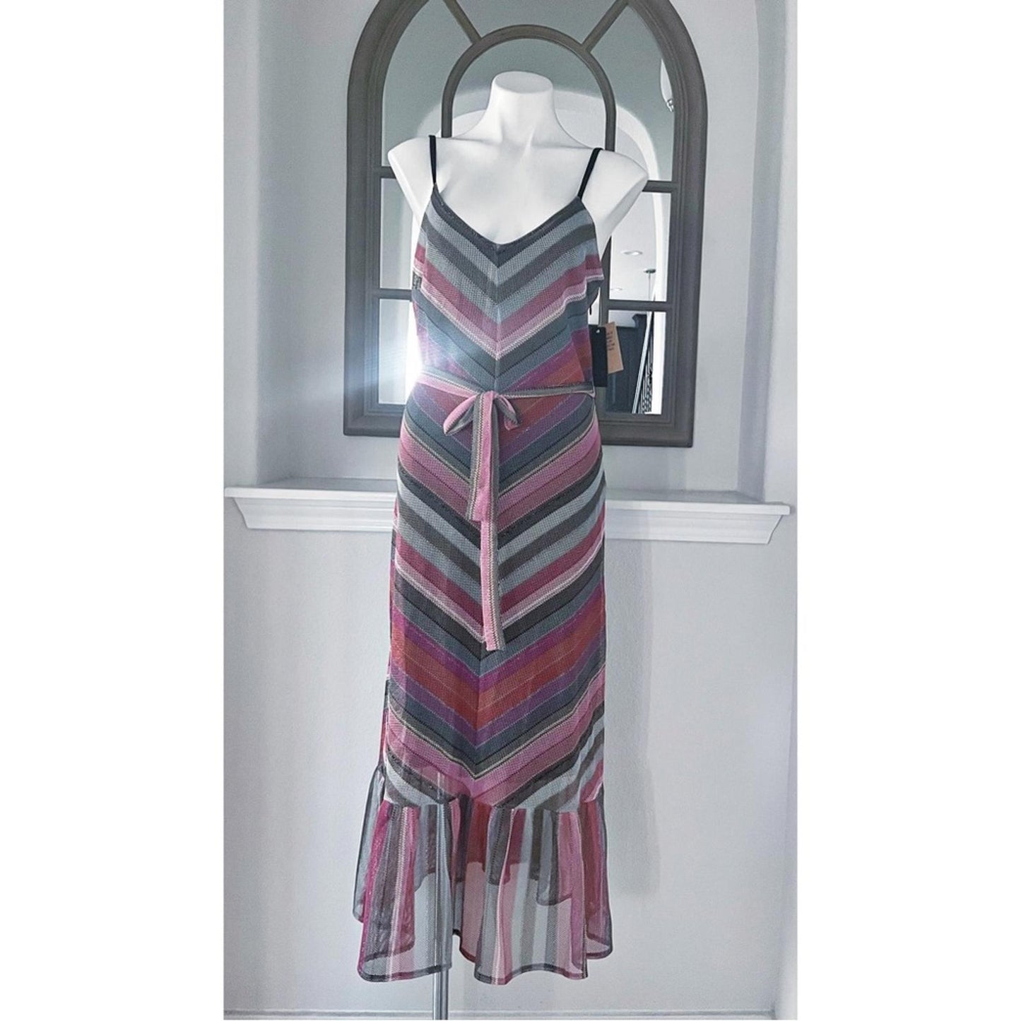 Rachel Roy Finn Metallic Striped Maxi Dress in Pink Grey, Size L New w/Tag