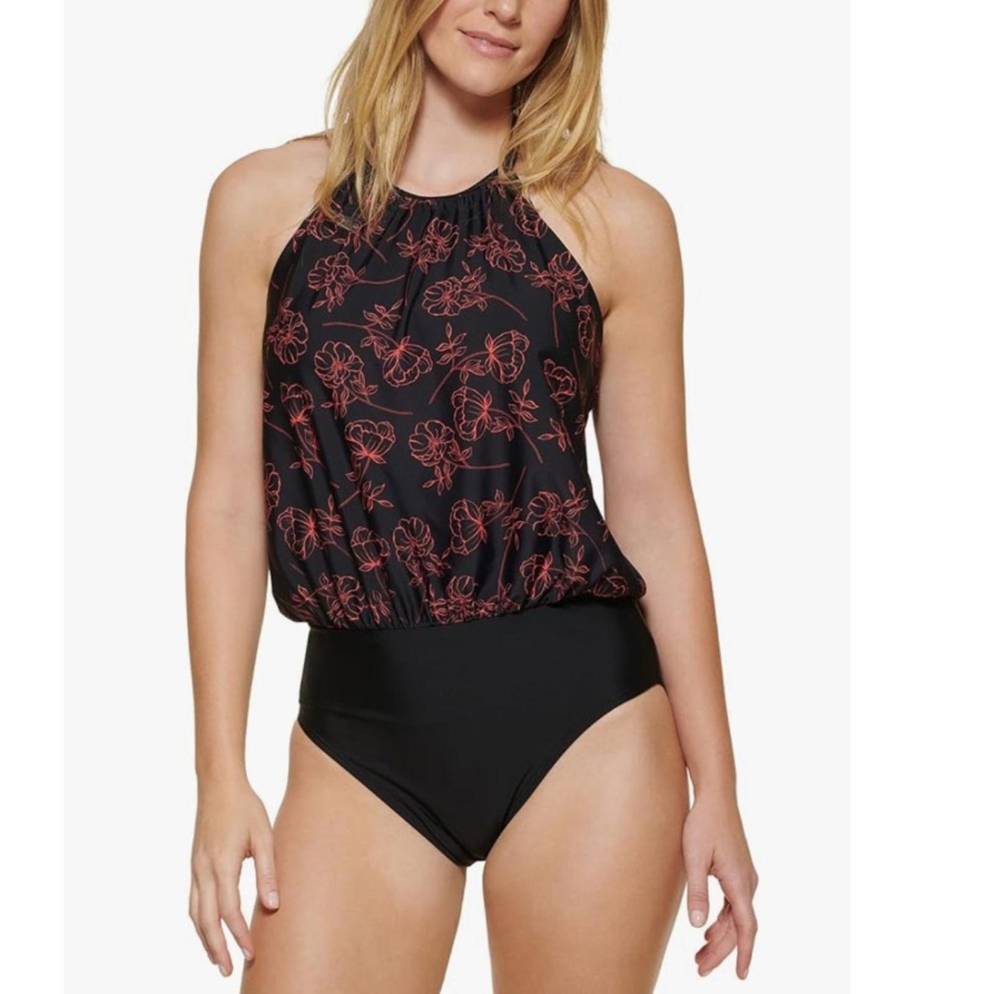 Calvin Klein High Neck Halter Blouson in Black/Red, Size 12 NEW w/Tag $118