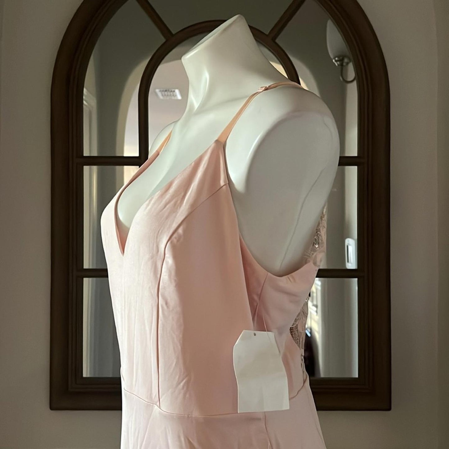 Bebe Lace Inset Sleeveless Eyelash Hem Bodycon Dress in Blush Pink, Size XL NWT