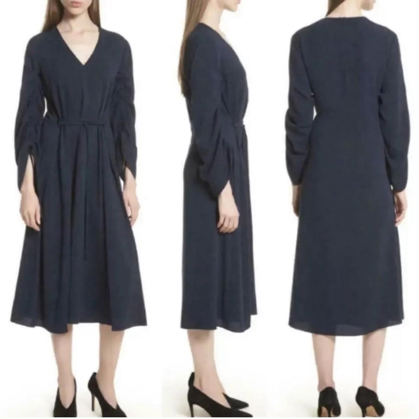 TIBI Ruched Convertible Bell Sleeve Cinched Stretch Crepe Dress Size 10 NWT $595