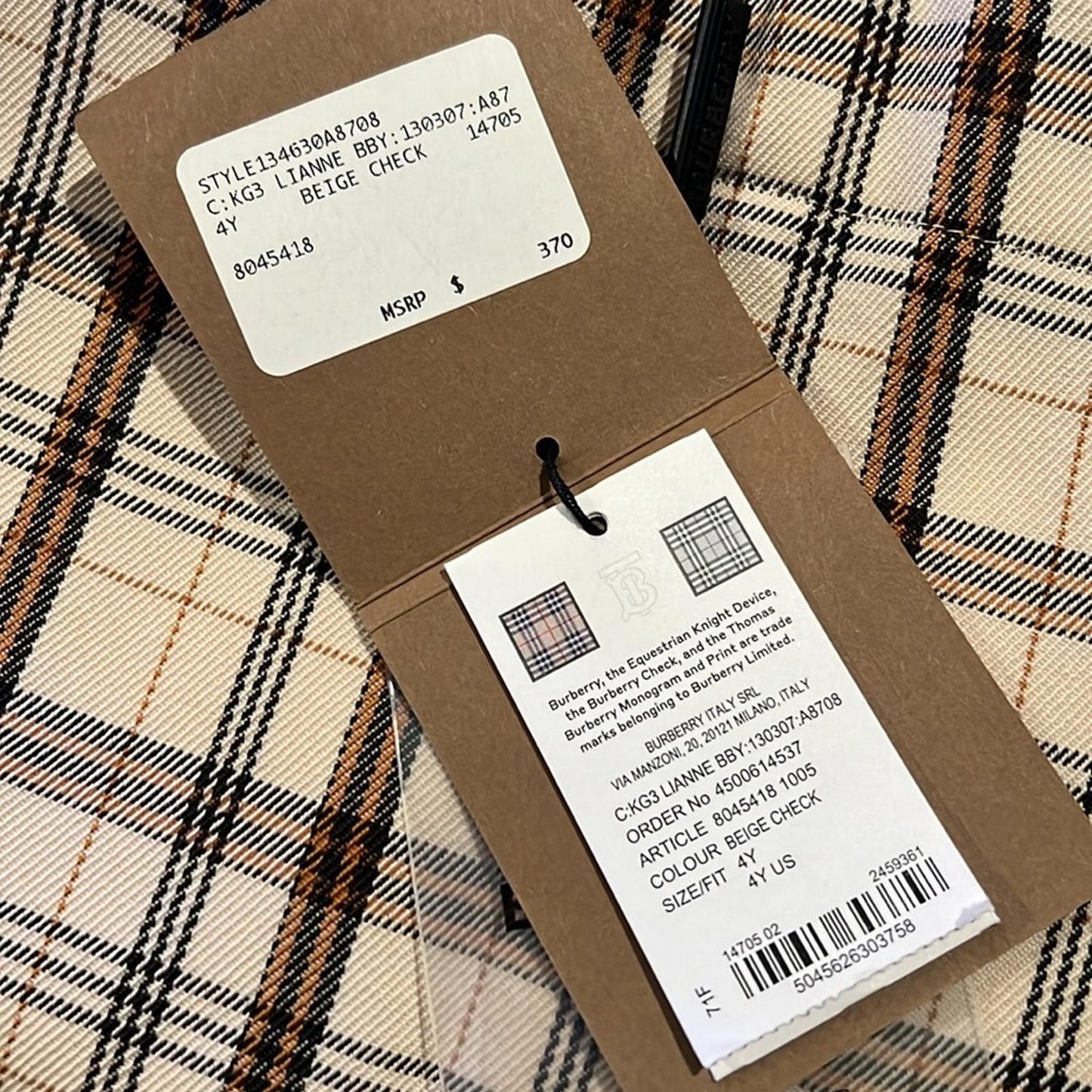 Burberry Kids Beige Check Logo Print Lianne Pleated Skirt, Size 4Y New w/Tag