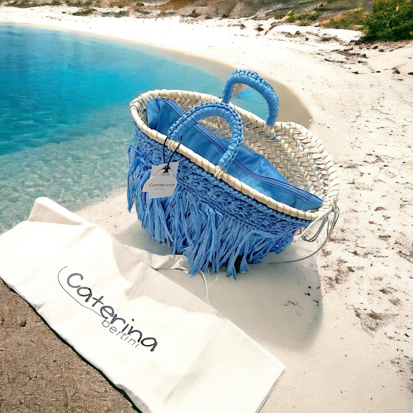 Caterina Bertini Fringe Mini Tote + Large Tote, Blue (Made in Italy) New w/Tag
