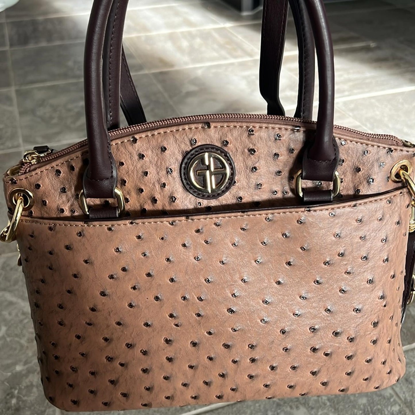 Giani Bernini Faux Ostrich Mini Satchel in Mocha Brown/Gold Tone, NEW w/o Tag