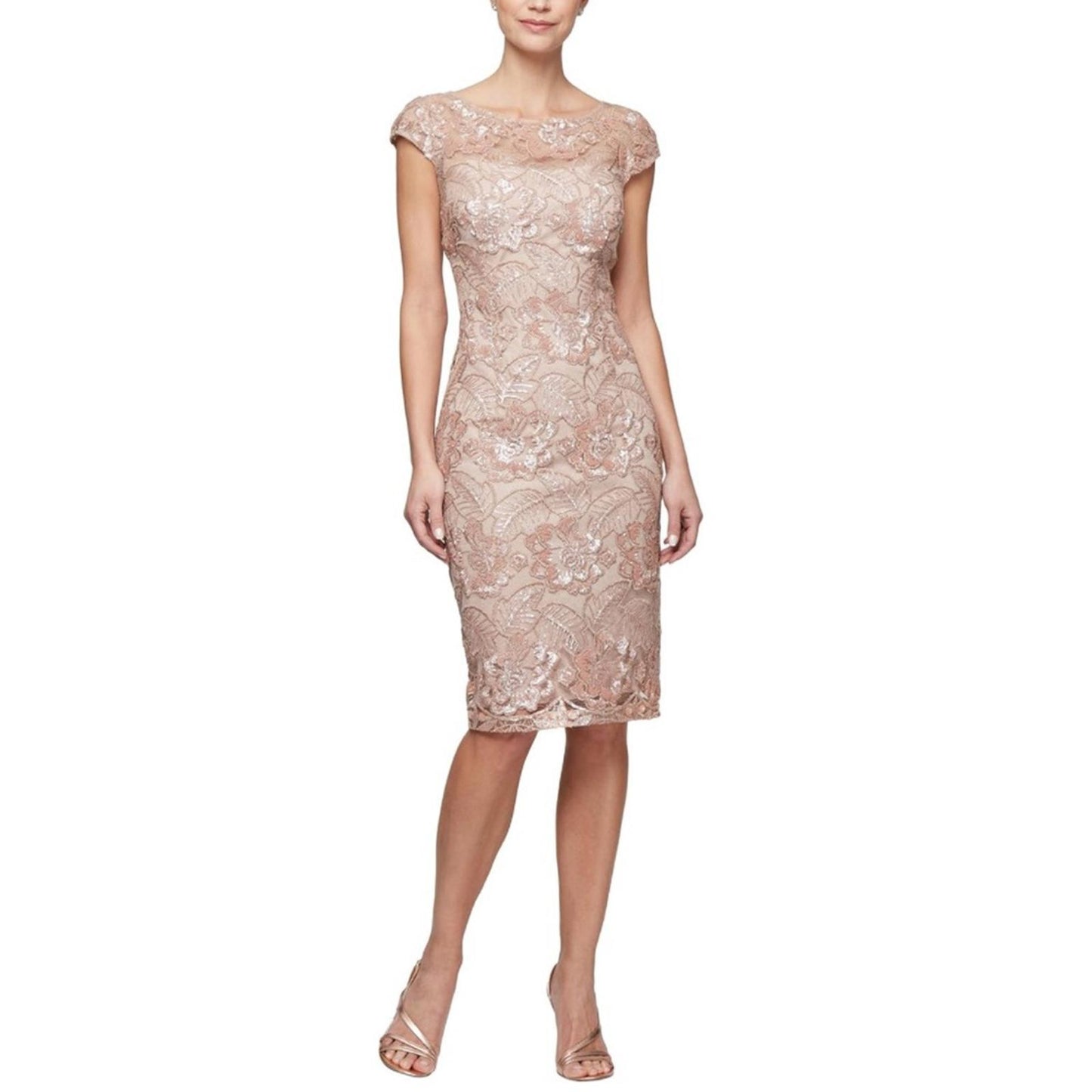 Alex Evening Floral Embroidered Cocktail Sheath Dress in Rose Gold, Size 6 NWT