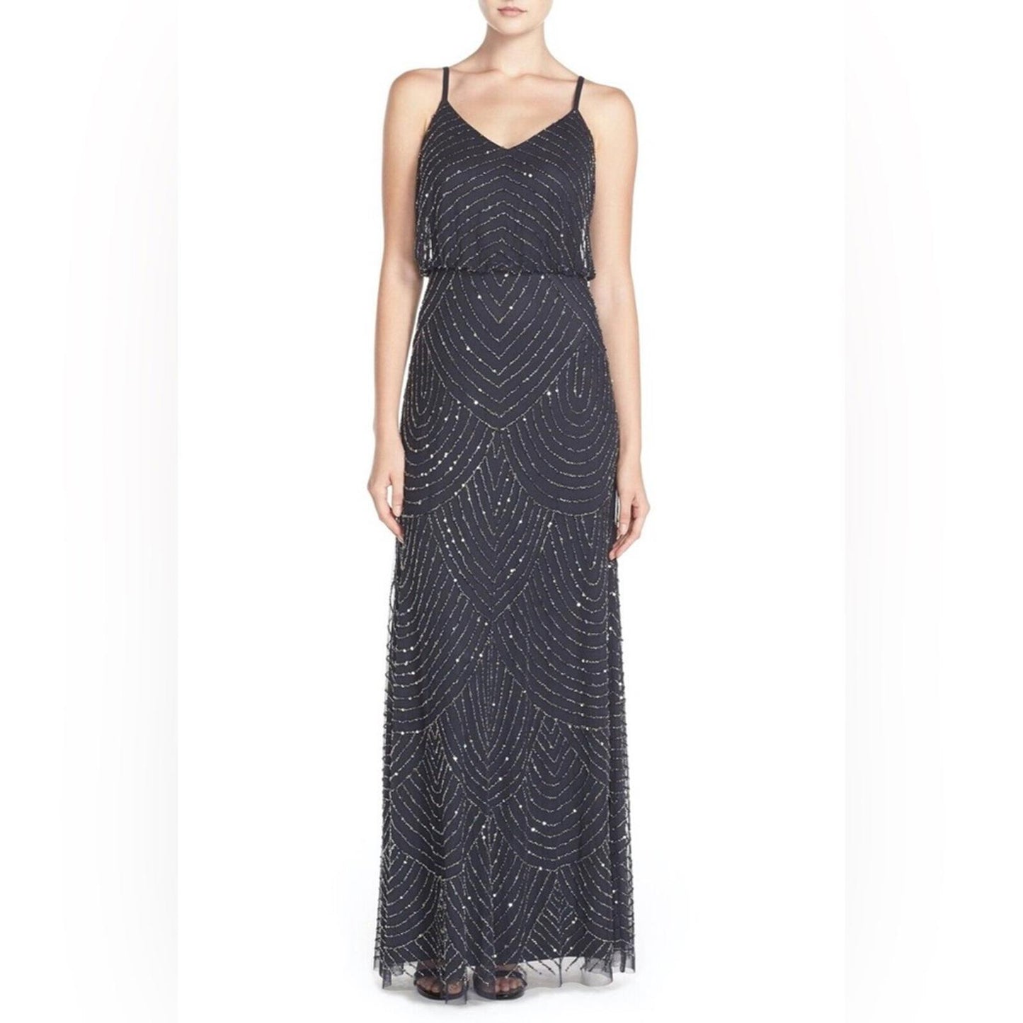 Adrianna Papell Art Deco Beaded Blouson Gown, Navy w/Silver Sequins Size 4