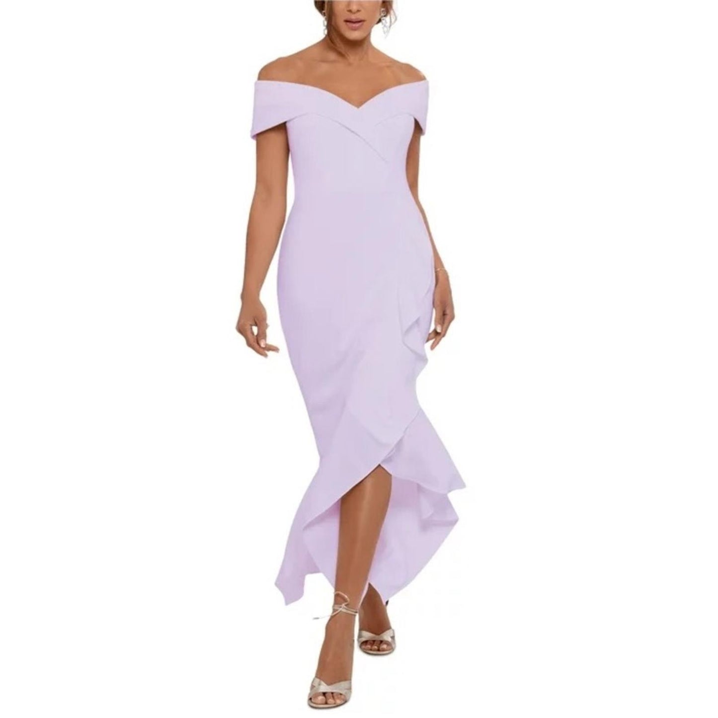XSCAPE Lilac Ruffled Off-the-Shoulder Dress, Petite Size 10 New w/Tag $259