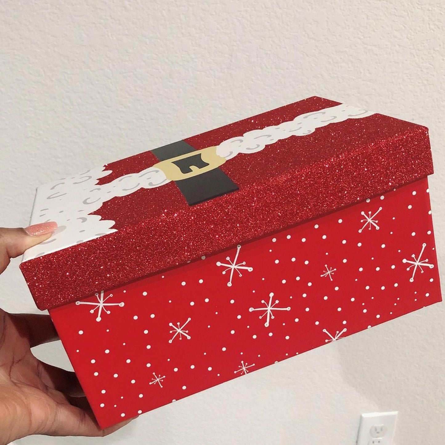 Gift Box Christmas Holiday Storage Red Santa Snowflake Size 9.75”X6.5”X5.0”