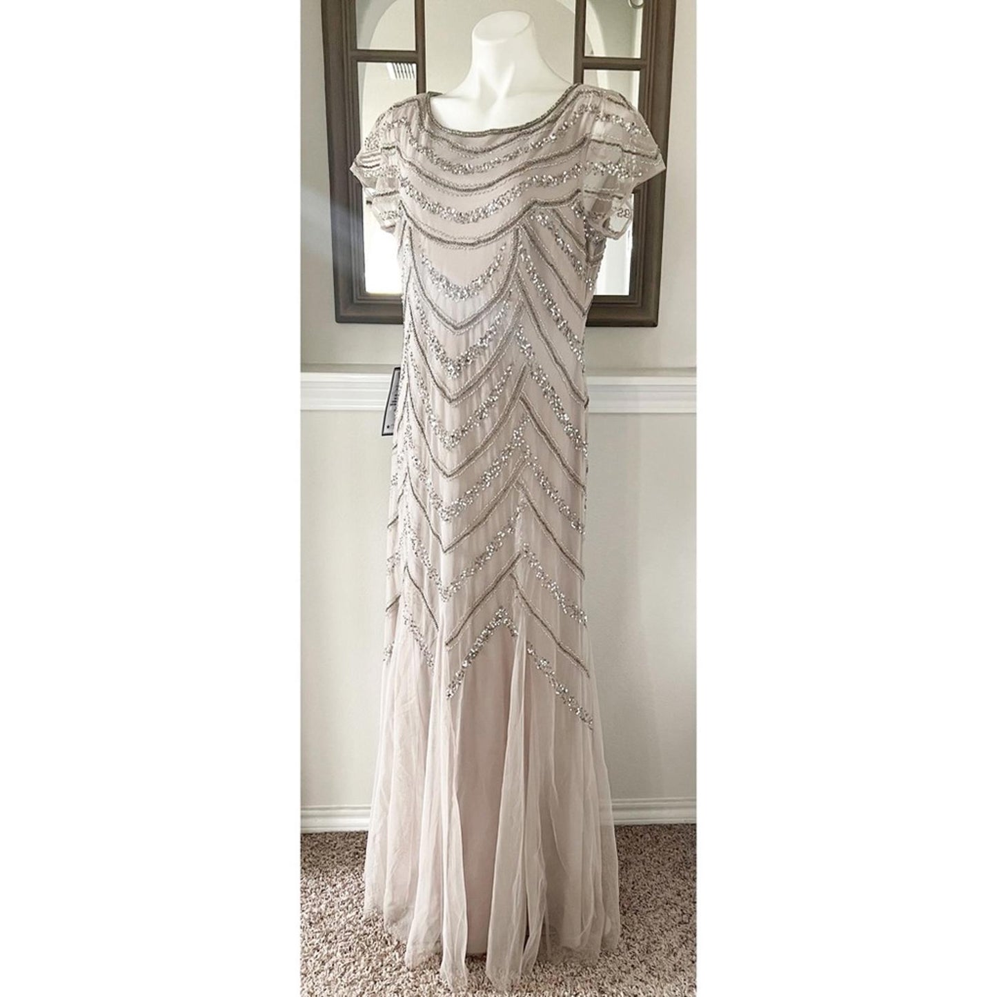 Adrianna Papell Women's Chevron Bead Gown Maxi Dress Size 16, New w/Tag $249