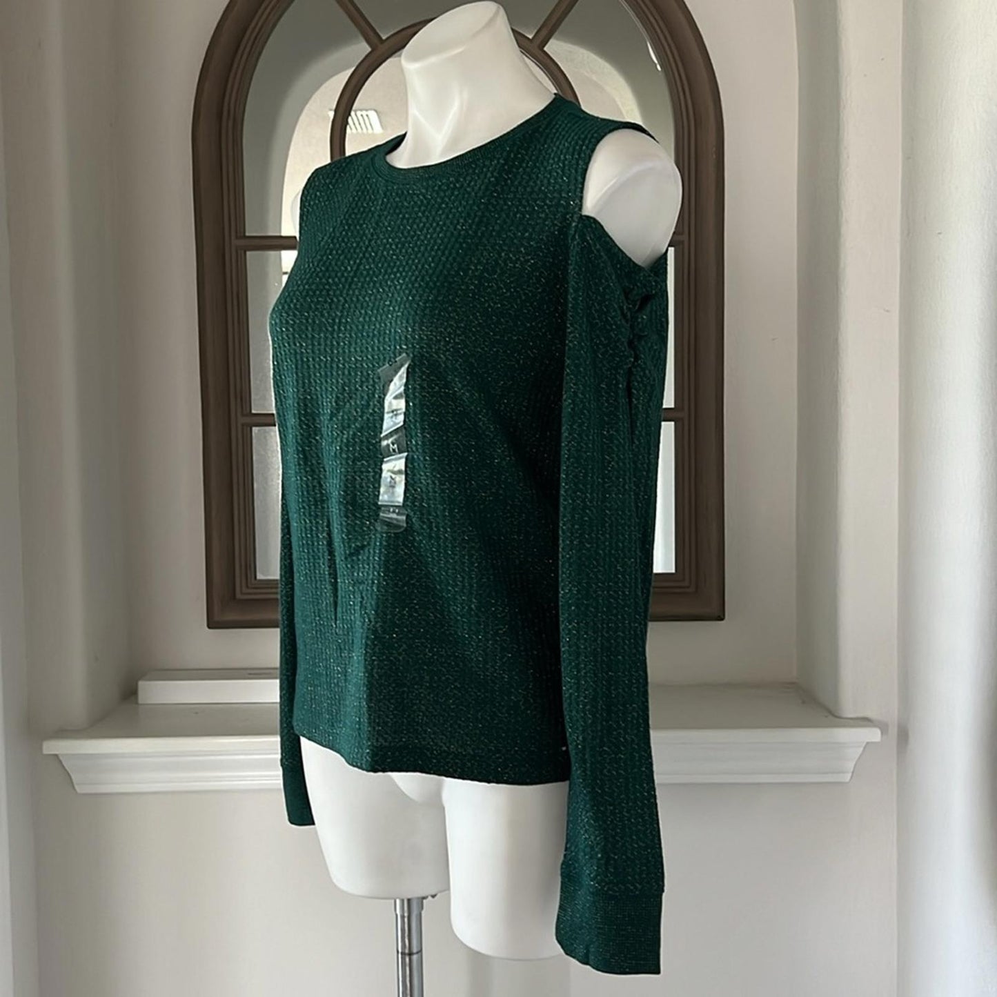 Tommy Hilfiger Forest Gold Metallic Long Sleeve Cold Shoulder Top Size M NWT