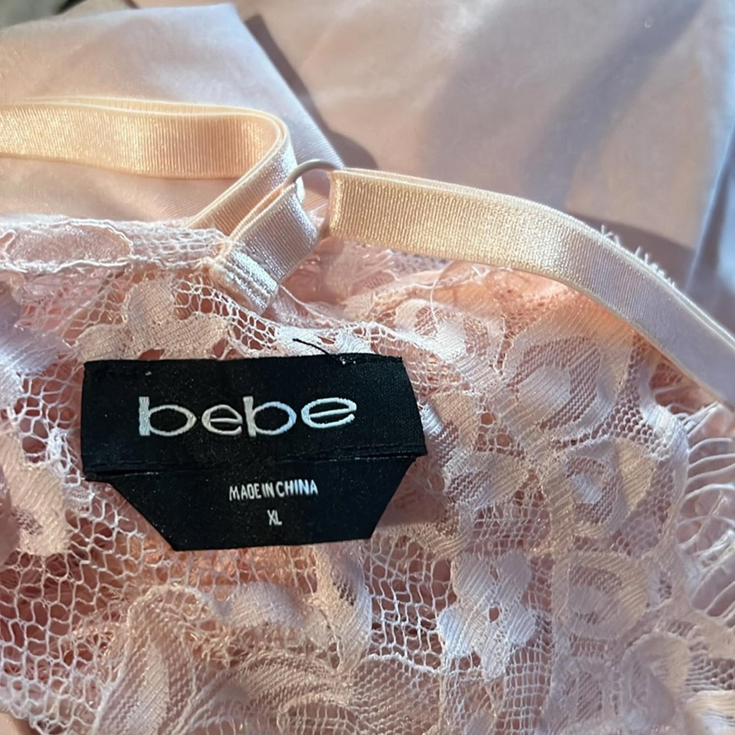 Bebe Lace Inset Sleeveless Eyelash Hem Bodycon Dress in Blush Pink, Size XL NWT