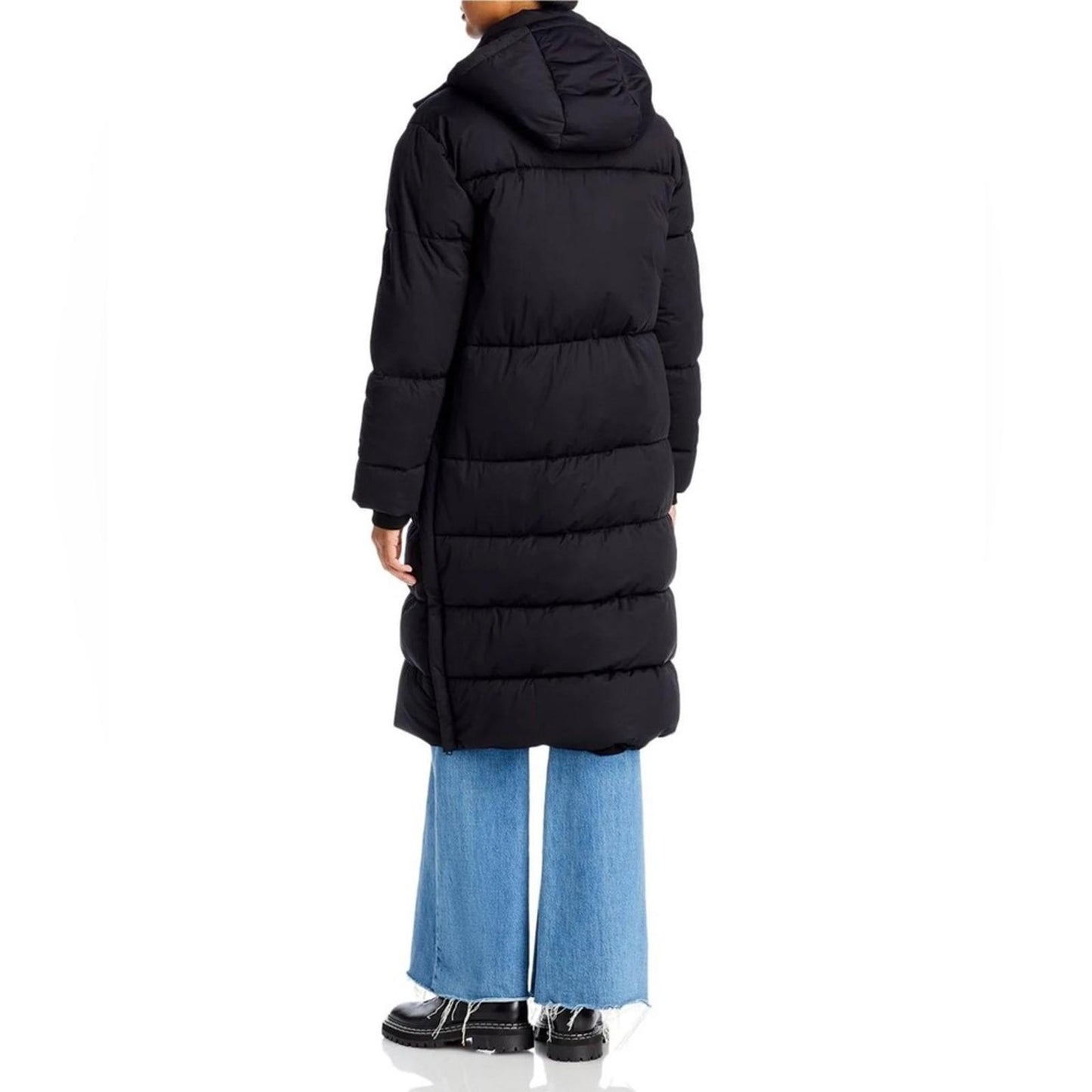 AQUA Puffer Trench Coat, Hooded Quilted Jacket in Black, Size M New w/Tag $298