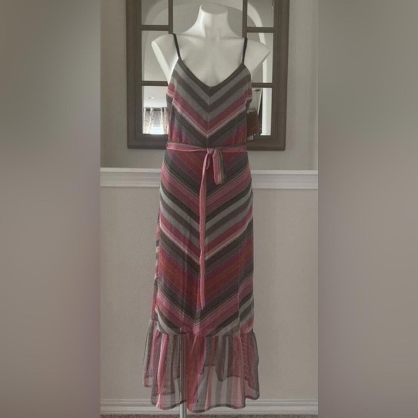 Rachel Roy Finn Metallic Striped Maxi Dress in Pink Grey Mesh Size XL NEW $139