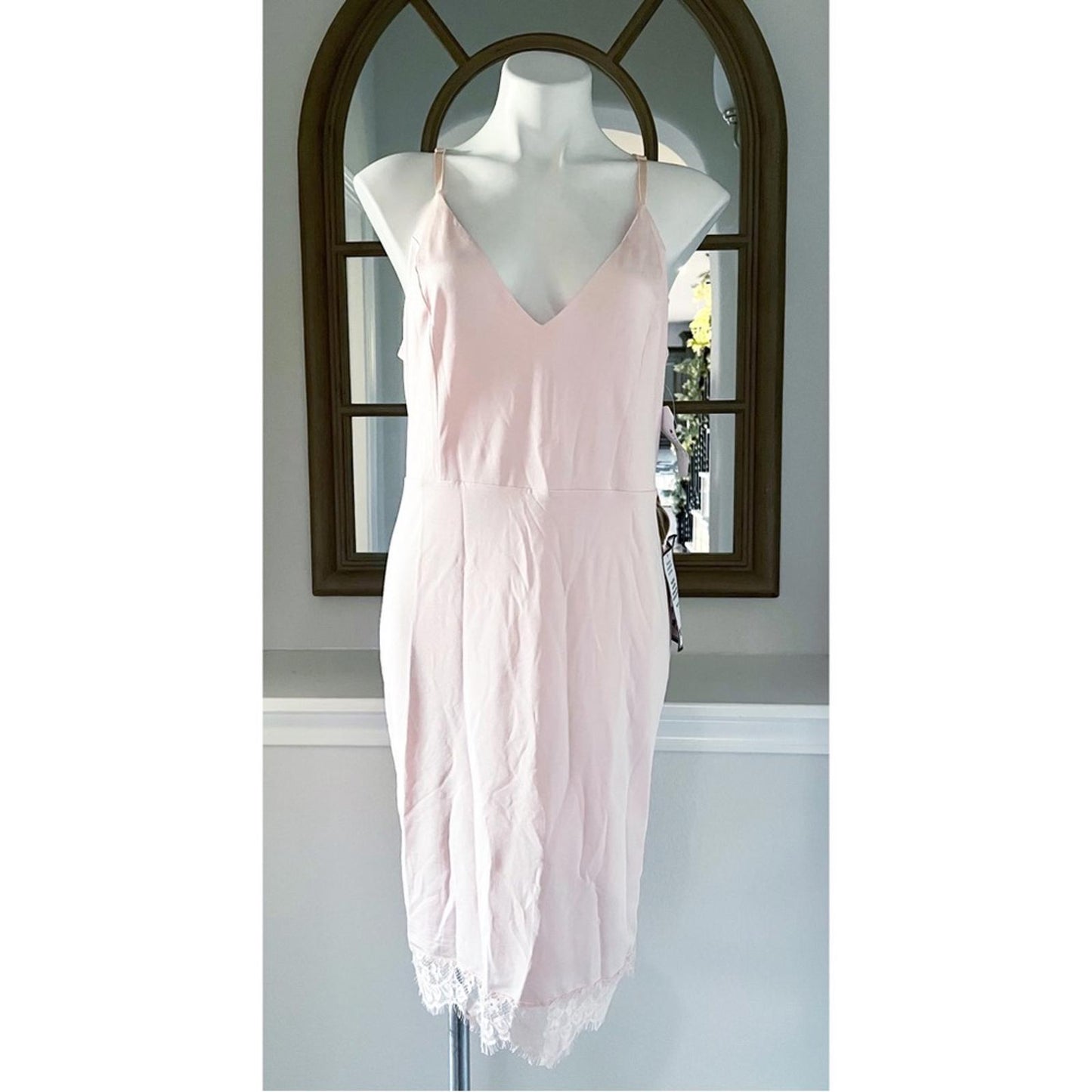 Bebe Lace Inset Sleeveless Eyelash Hem Bodycon Dress in Blush Pink, Size XL NWT