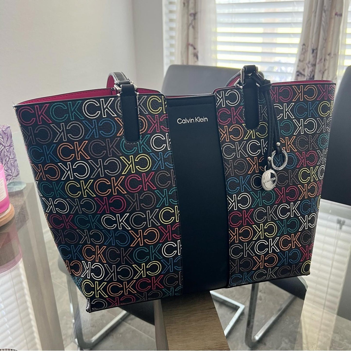 Calvin Klein Suri Monogram Tote Bag with Wristlet, Black Multi, New with Tag