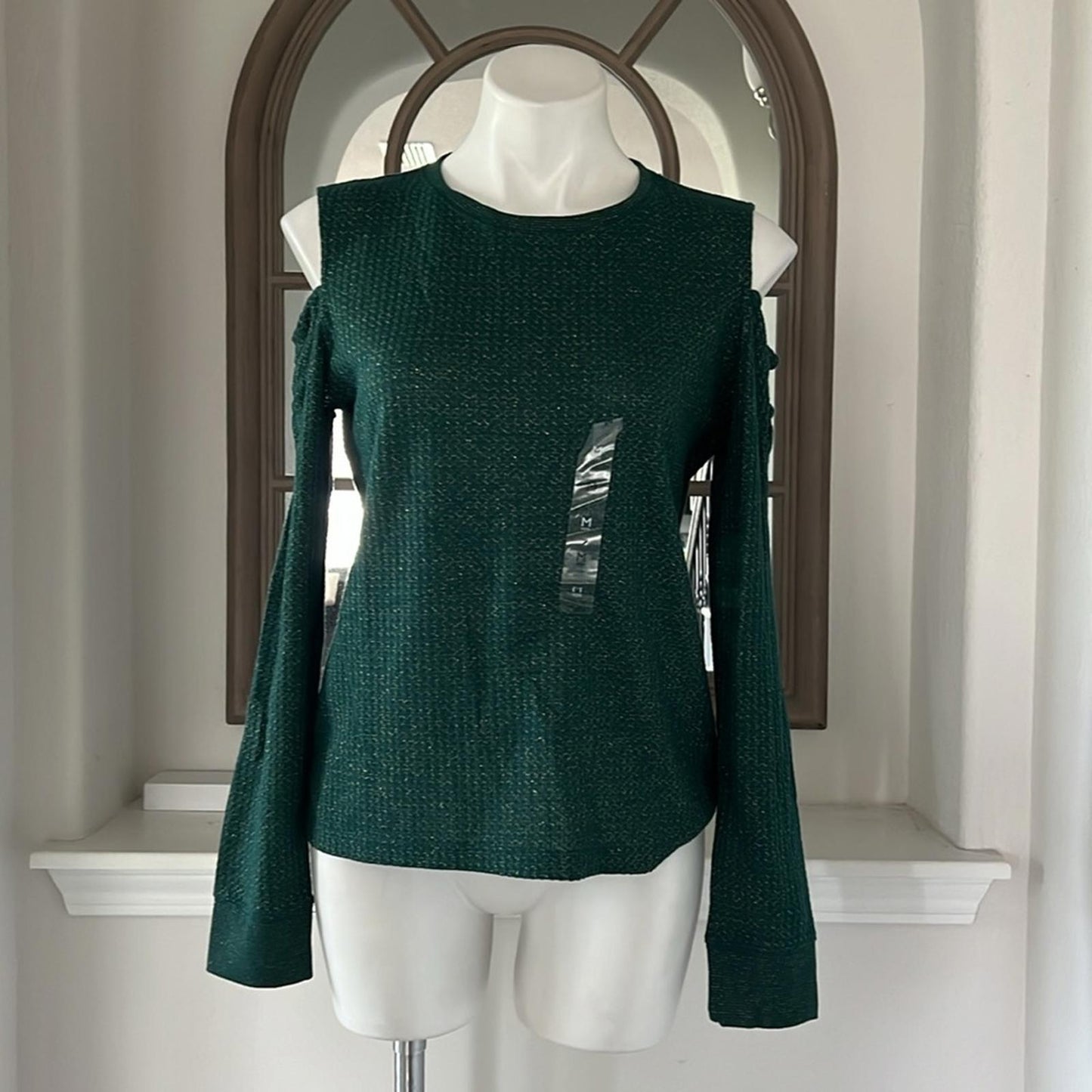 Tommy Hilfiger Forest Gold Metallic Long Sleeve Cold Shoulder Top Size M NWT