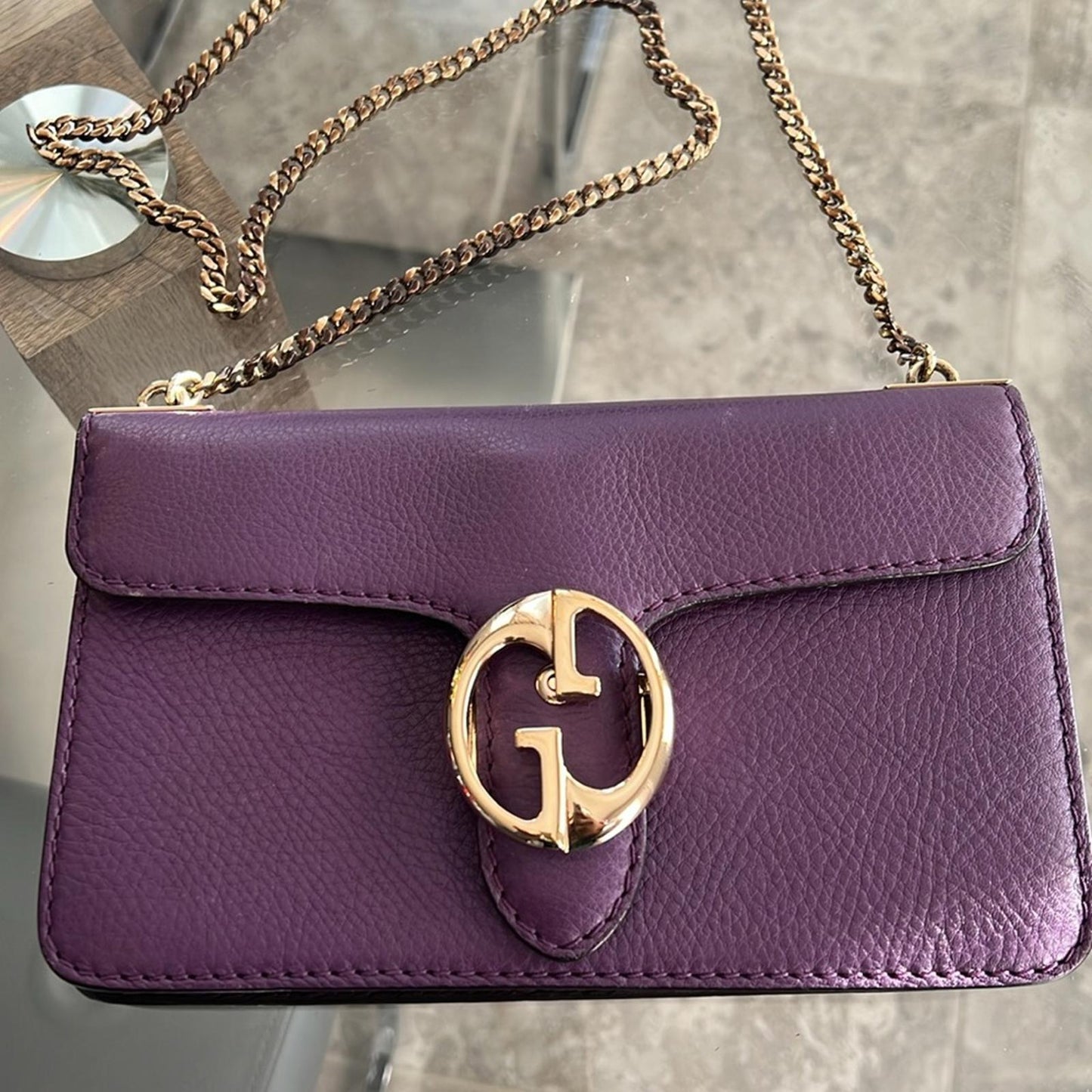 Gucci Flap Shoulder Bag Leather Medium, Purple w/Gold tone w/Dustbag