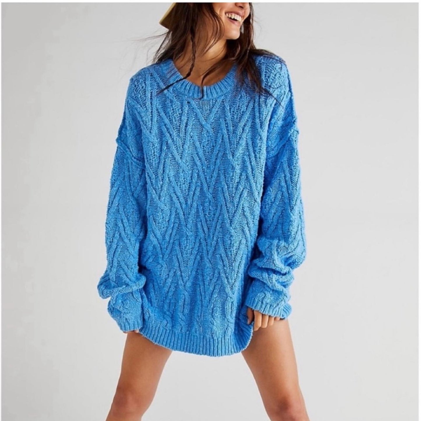 NEW Free People Isla Cable Knit Oversized Sweater, Marine Blue Size L