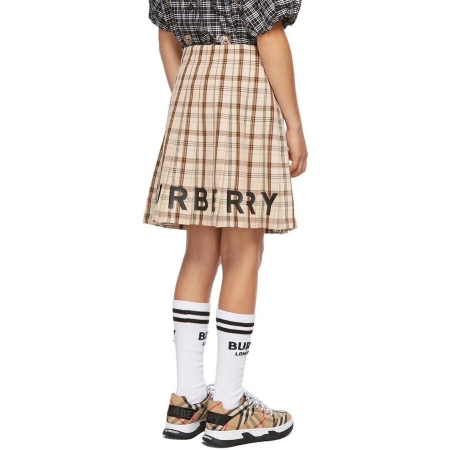 Burberry Kids Beige Check Logo Print Lianne Pleated Skirt, Size 4Y New w/Tag