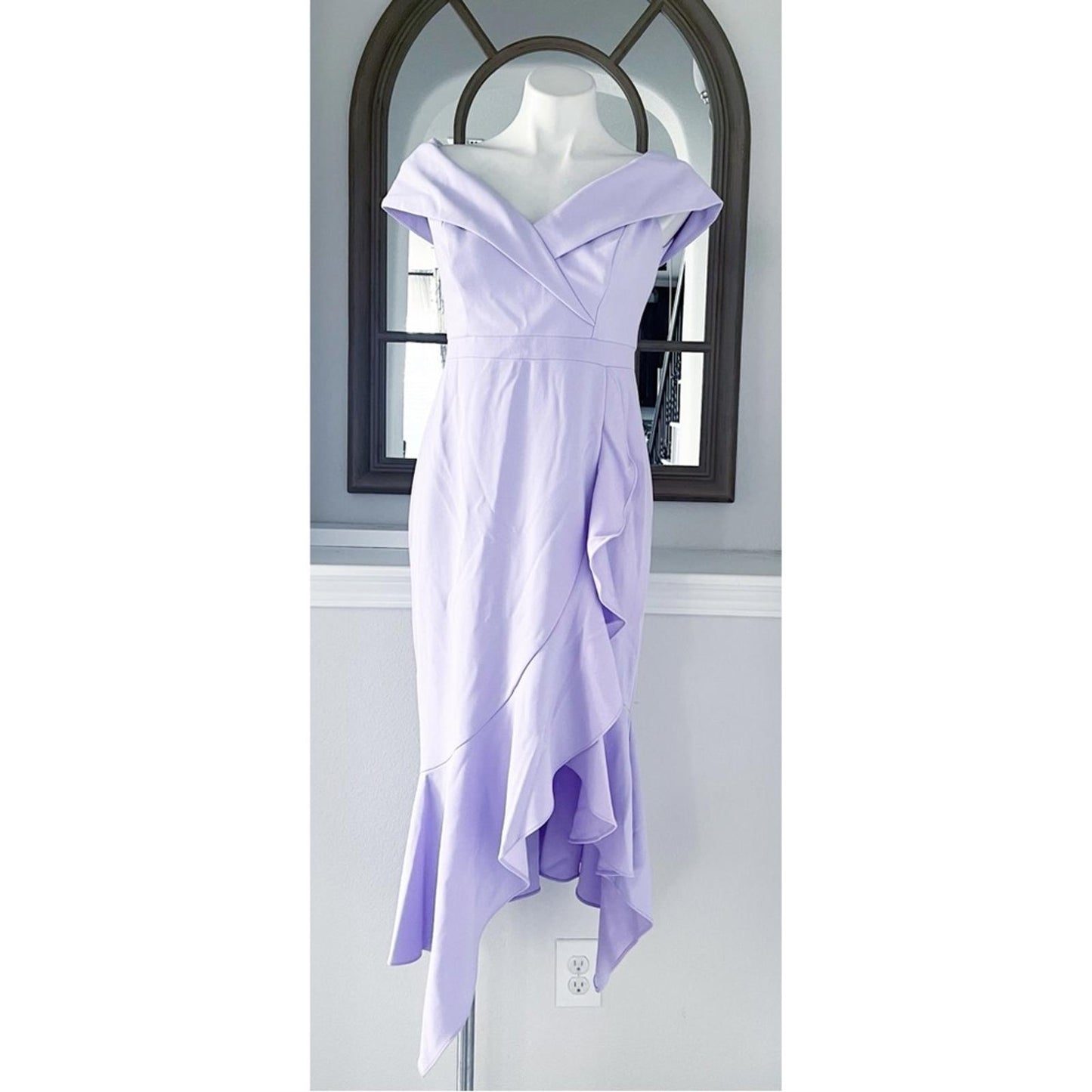 XSCAPE Lilac Ruffled Off-the-Shoulder Dress, Petite Size 10 New w/Tag $259