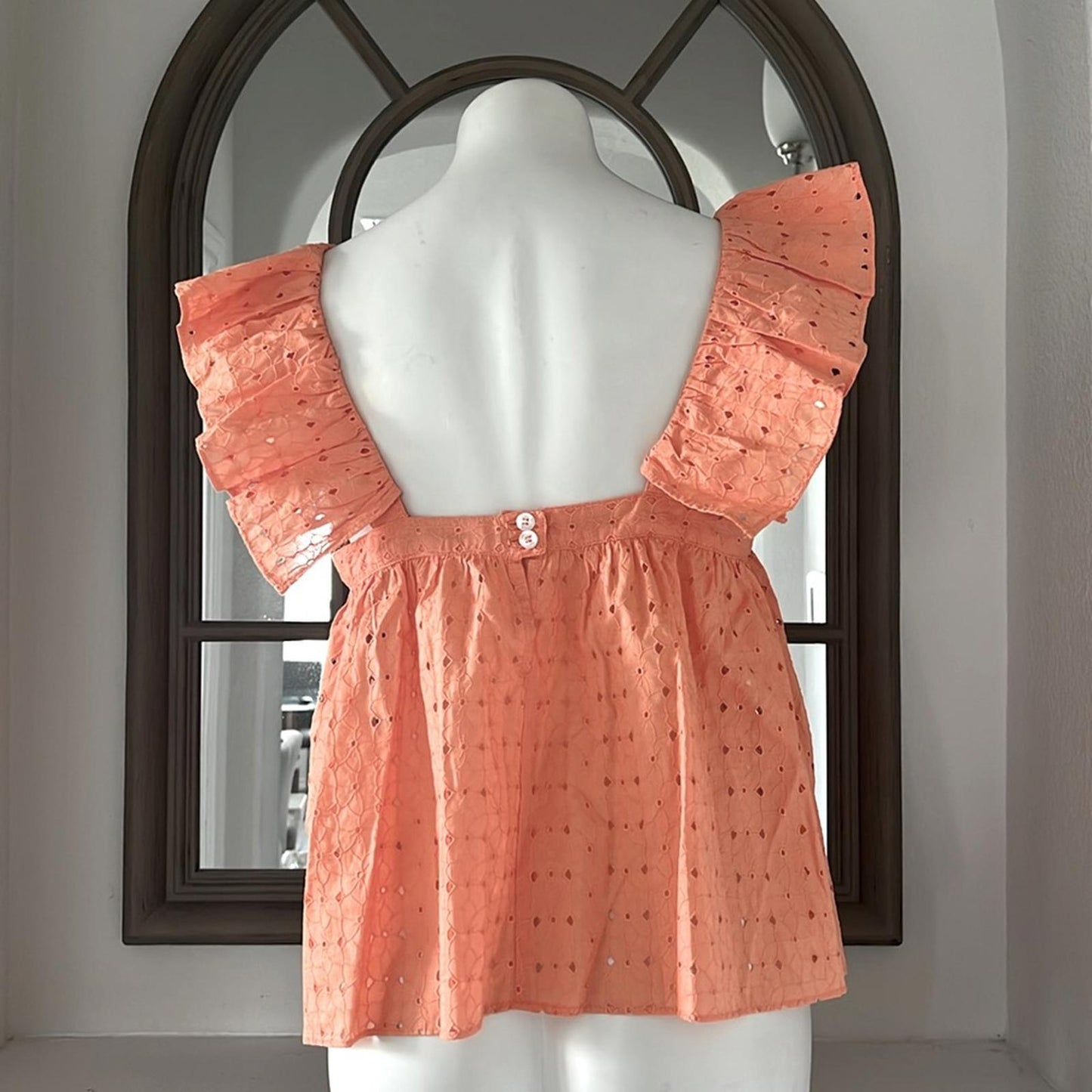 Katharine Kidd Double Ruffle Square Neck Sleeves Top, Peach Size M New w/Tag