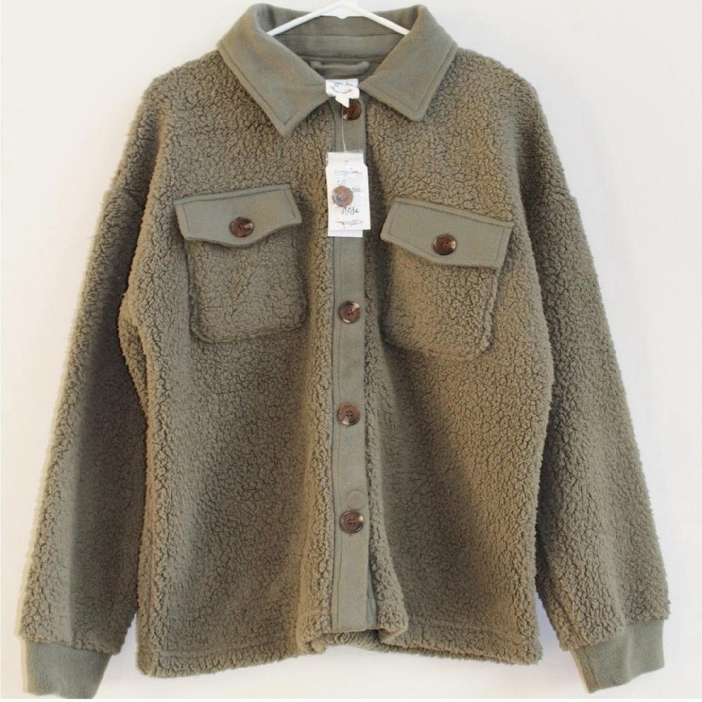 NEW Hippie Rose Juniors' Sherpa Contrast-Trimmed Shacket, Smokey Olive Size XL