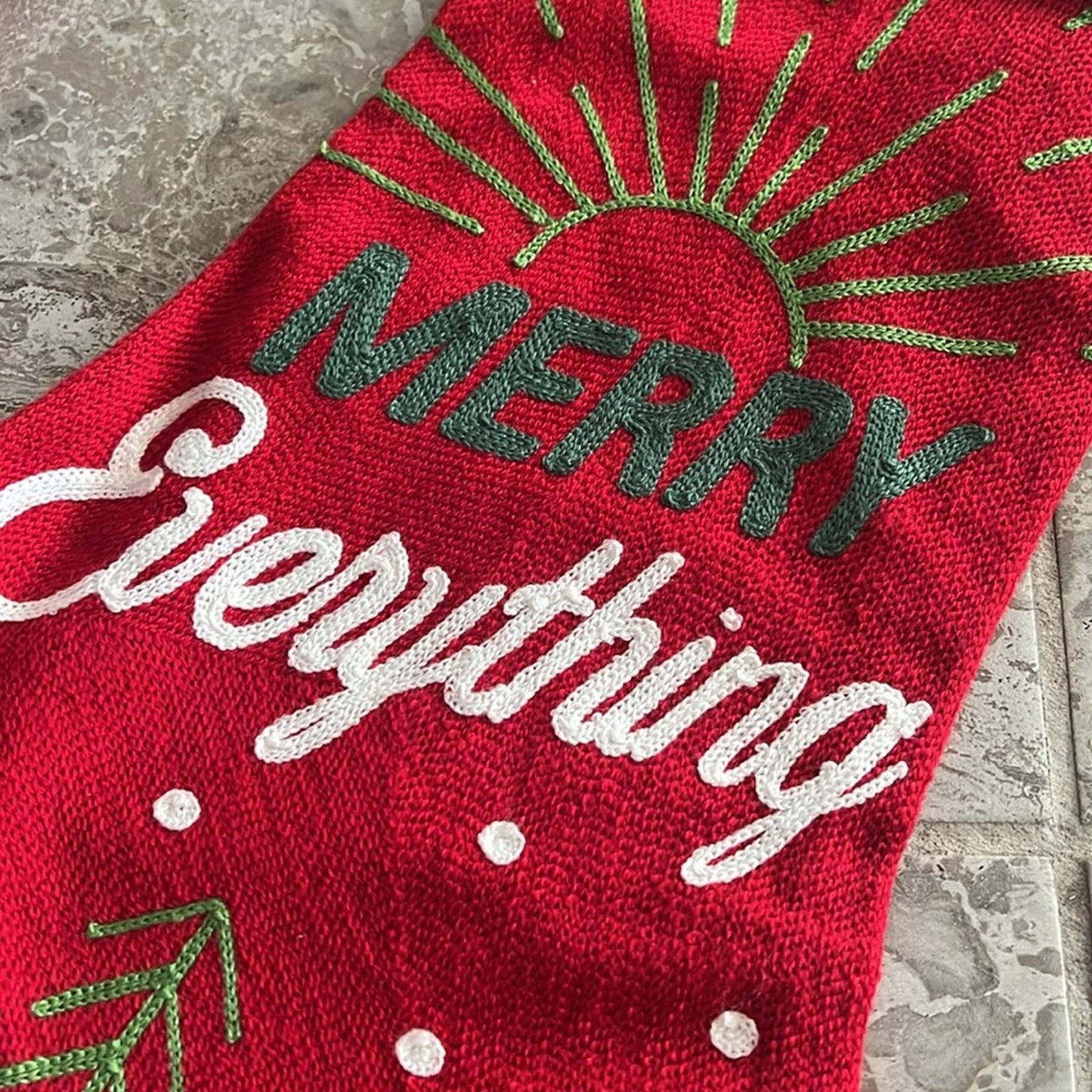 X2 “MERRY Everything” Embroidered Stockings 8.5” x 21” New with Tag
